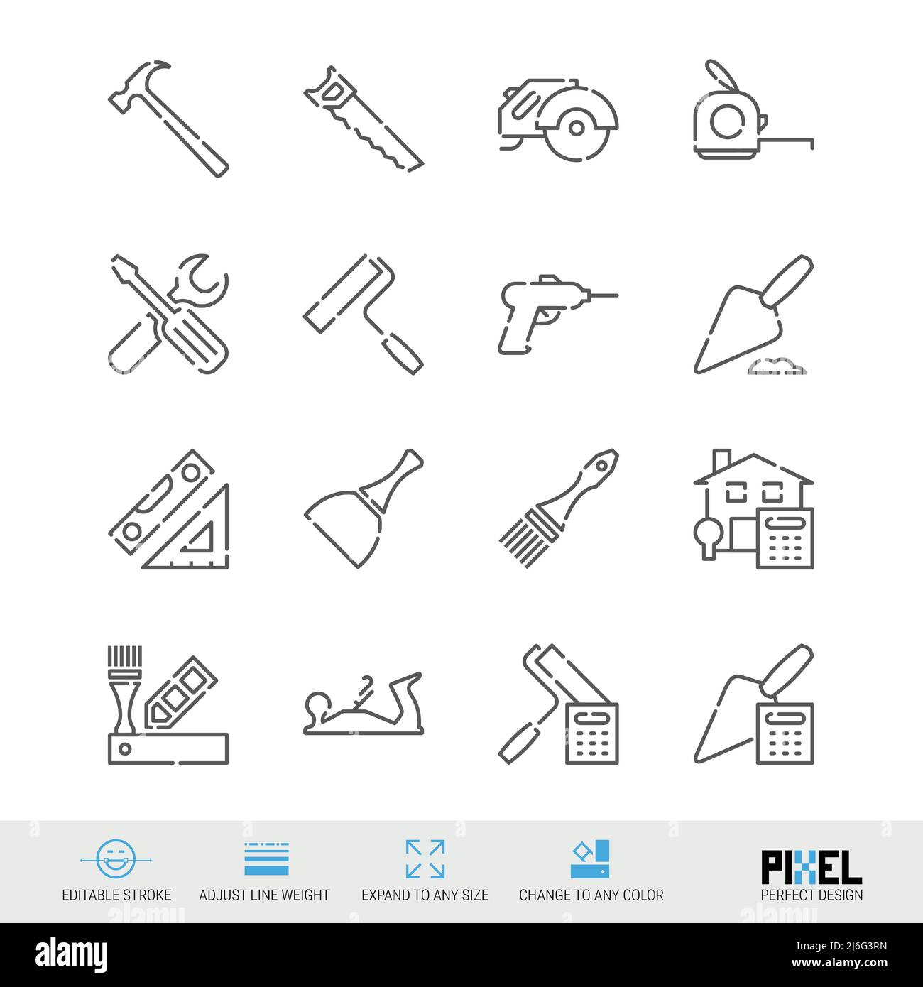Work tools related vector line icon set isolated on white. Pixel ...