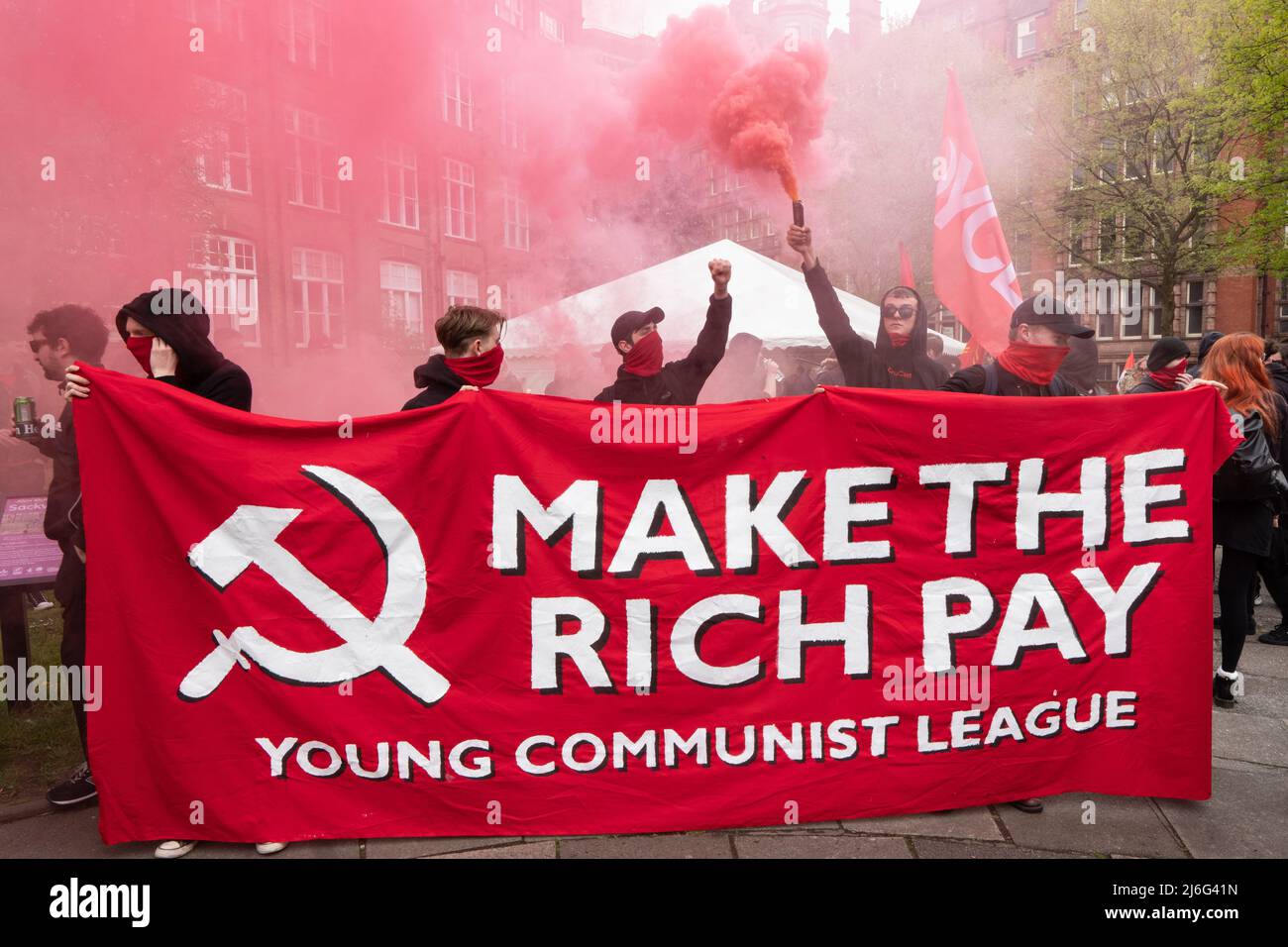 Young Communist league at Manchester May Day on Sunday 1 May. Workers assembled at 11:15am in St Peter's Square for march at 11:30am to Sackville Gardens for 1pm for the festival of speeches including from council leader Bev Craig , live music, food, drink and stalls. Credit: GaryRobertsphotography/Alamy Live News Stock Photo