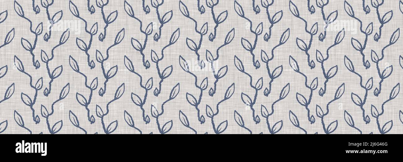 French blue botanical leaf linen seamless border with 2 tone country ...