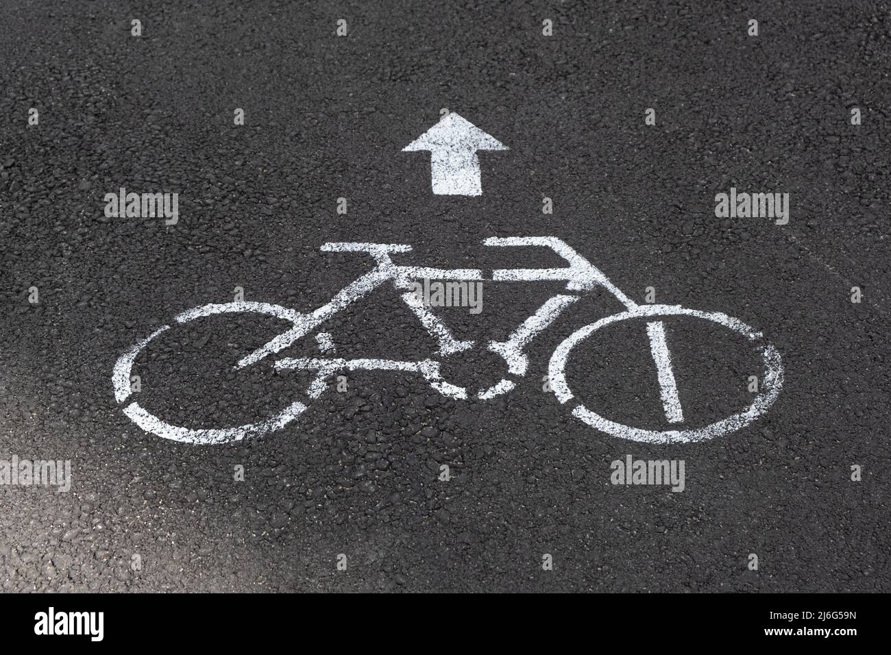 Bicycle sign symbol painted on asphalt road surface. bike lane on ...