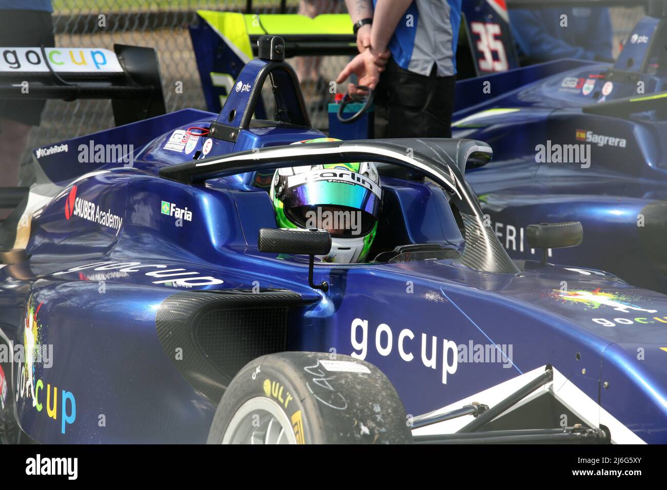 Spanish driver Javier Sagrera, GB3 driver sat in car, helmeted Stock ...