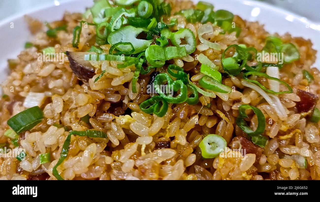 Chinese fried rice with meat and green onion Stock Photo