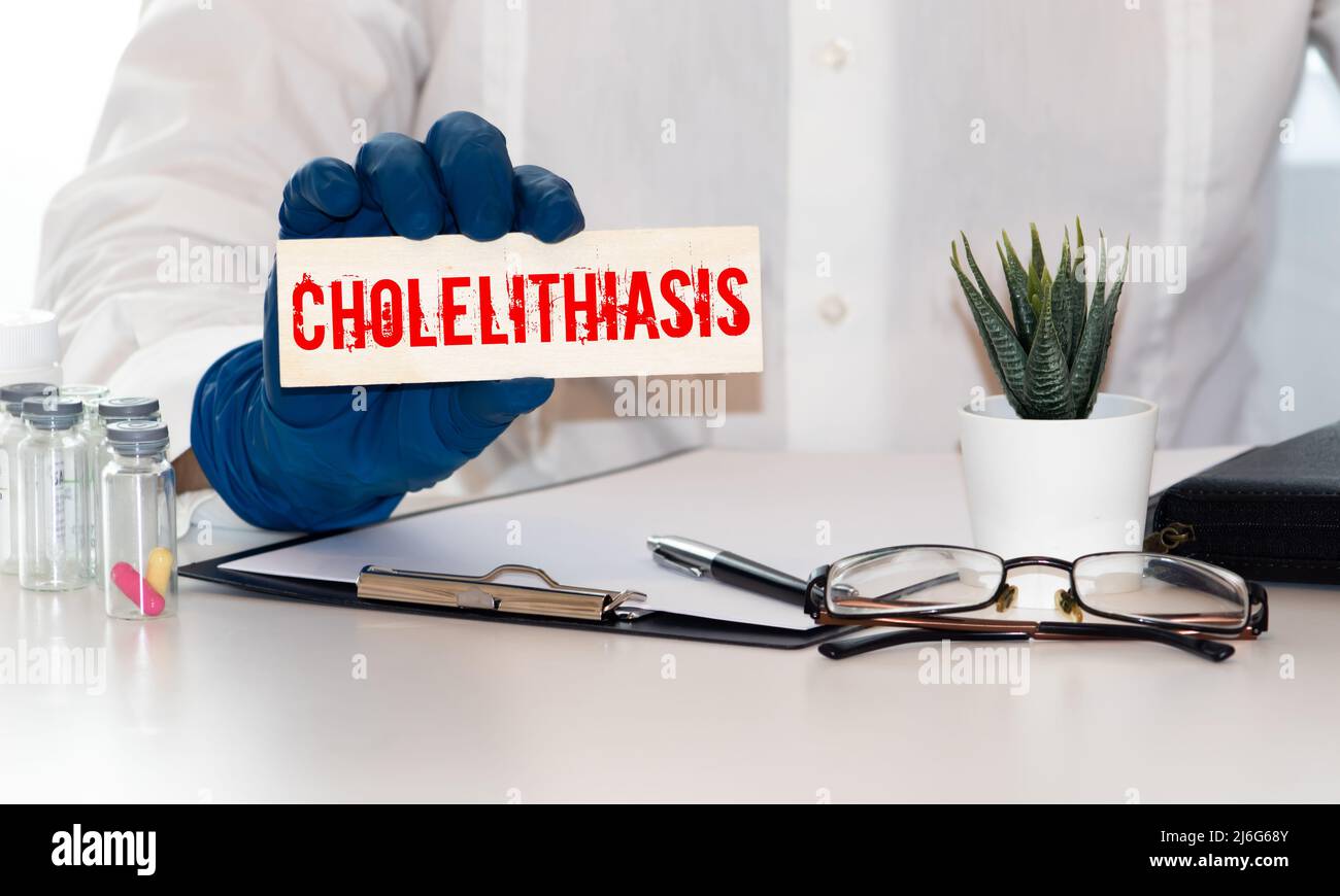 Cholelithiasis Gallstones word, medical term word with medical concepts in blackboard and medical equipment. Stock Photo