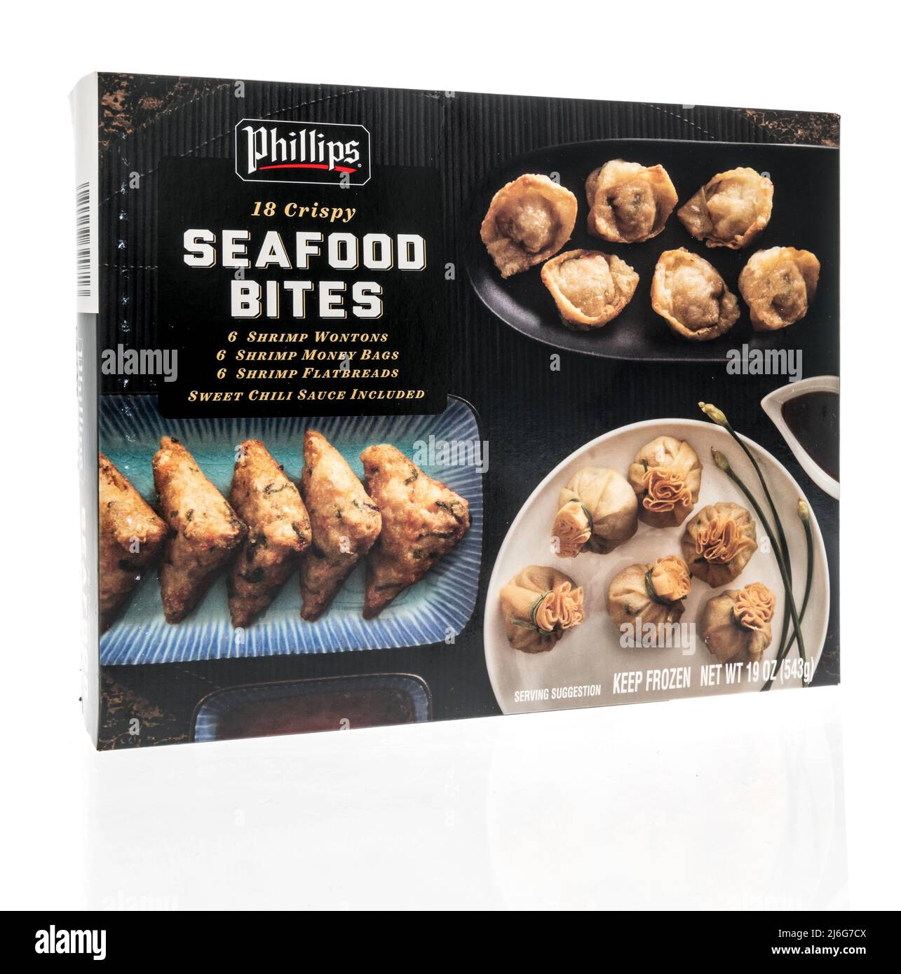Winneconne, WI -23 April 2022: A package of phillips seafood bites with wontons, money bags and flatbreads  on an isolated background Stock Photo