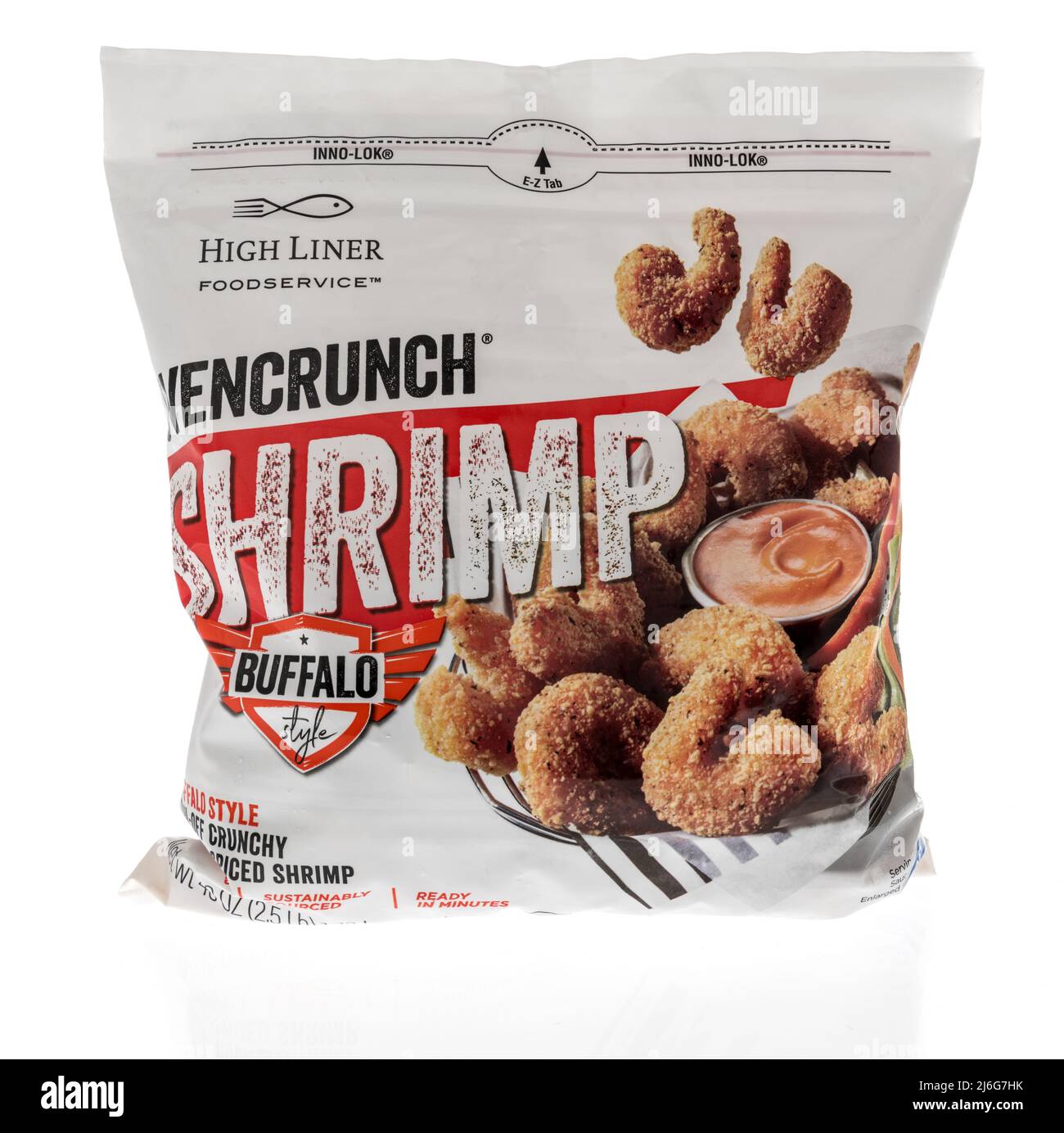 Winneconne, WI -23 April 2022: A package of max High liner foodservice ovencrunch shrimp buffalo style on an isolated background Stock Photo