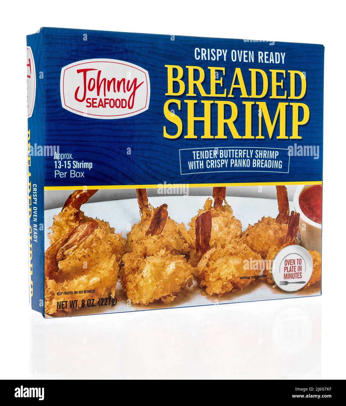 Winneconne, WI -23 April 2022: A package of Johnny seafood breaded shrimp on an isolated background Stock Photo