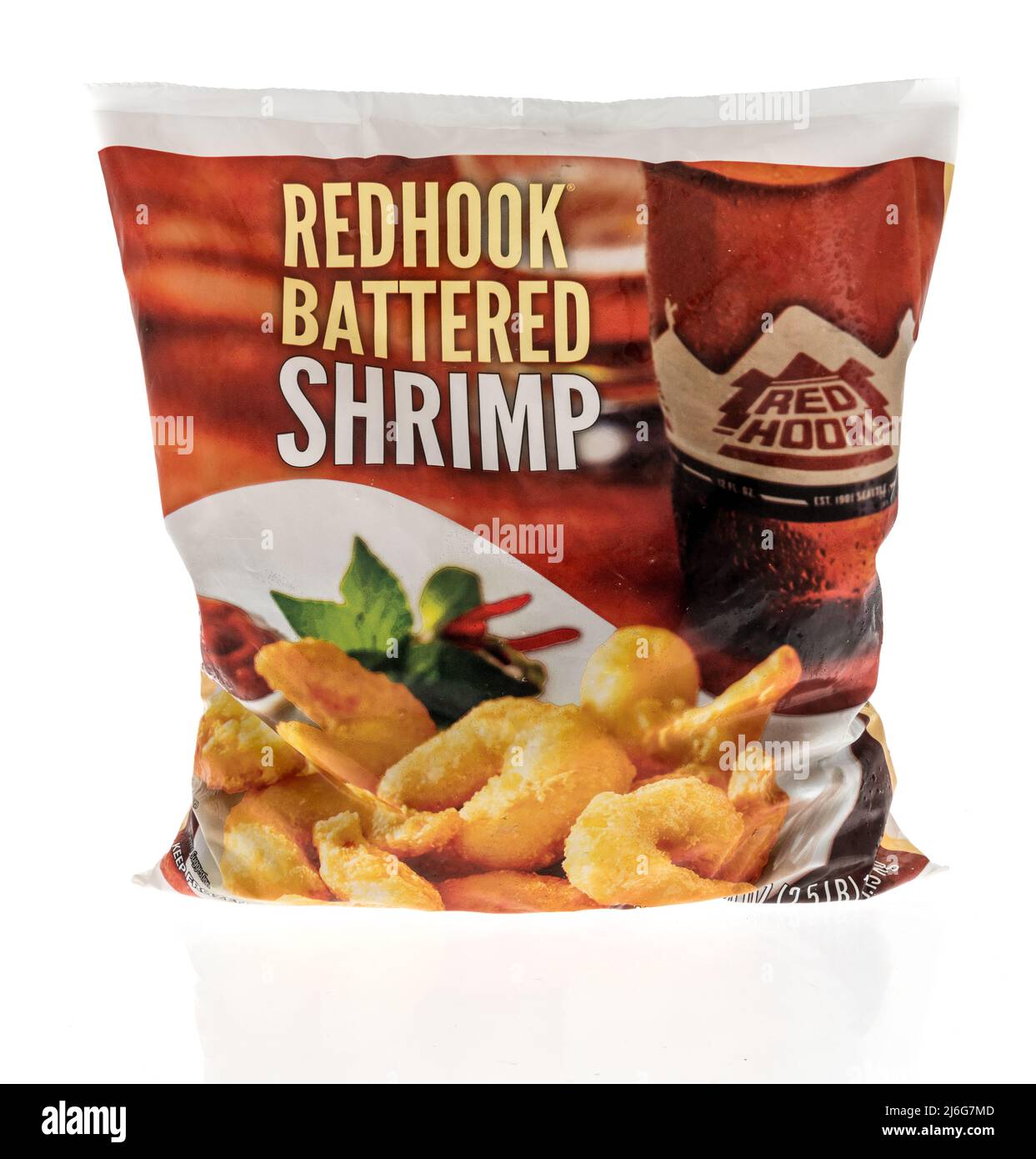 Winneconne, WI -23 April 2022: A package of Redhook battered shrimp on an isolated background Stock Photo