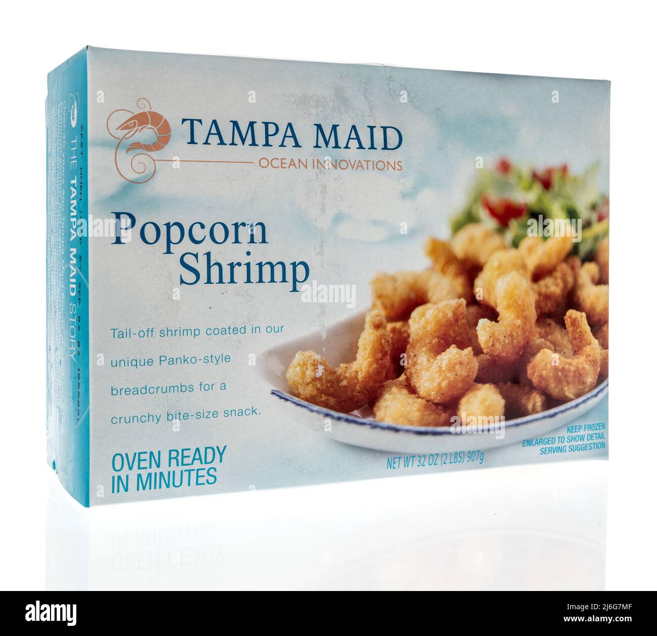 Winneconne, WI -23 April 2022: A package of Tampa Maid ocean innovations popcorn shrimp on an isolated background Stock Photo