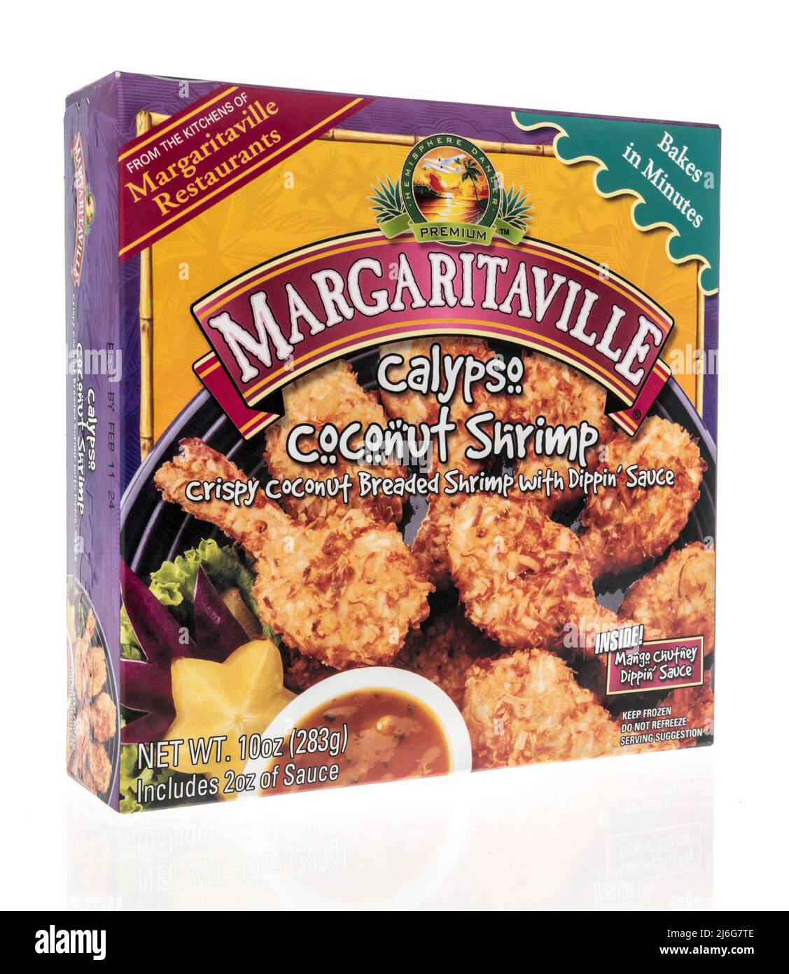 Winneconne, WI -23 April 2022: A package of Margaritaville calypso coconut shrimp on an isolated background Stock Photo
