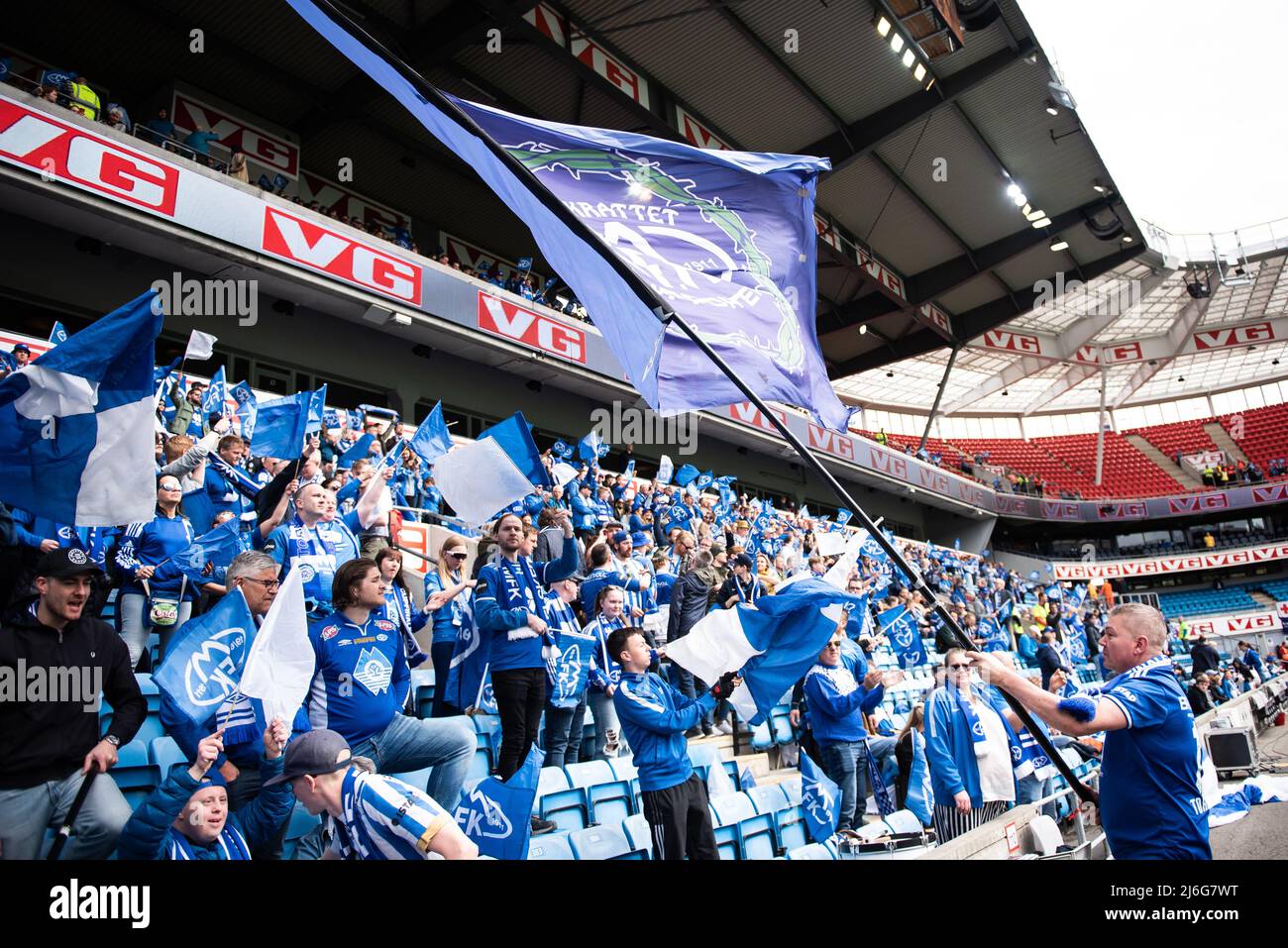 Oslo, Norway. 01st, May 2022. Football fans of Molde seen on the stands during the Norwegian Cup final, the NM Menn final, between Bodoe/Glimt and Molde at Ullevaal Stadion in Oslo. (Photo credit: Gonzales Photo - Jan-Erik Eriksen). Credit: Gonzales Photo/Alamy Live News Stock Photo