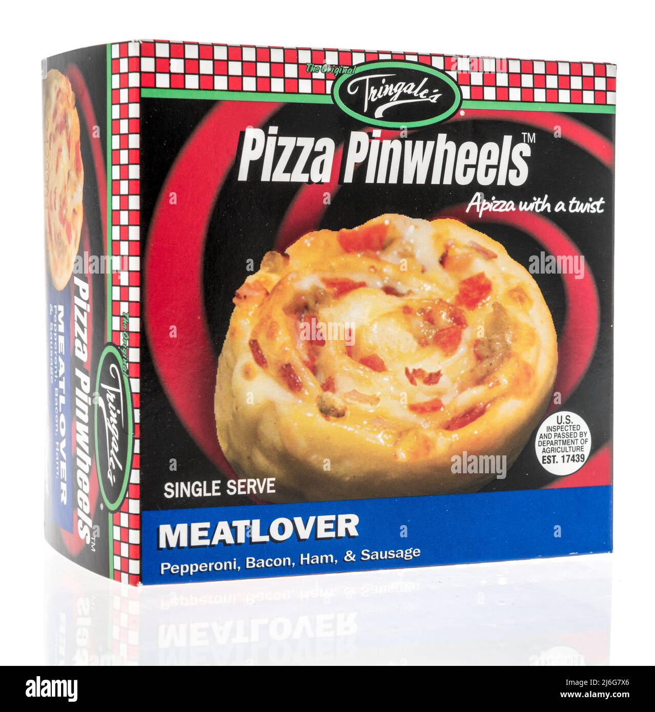 Winneconne, WI -23 April 2022: A package of Tringales pizza pinwheels meatlover pepperoni, bacon, ham, sausage on an isolated background Stock Photo