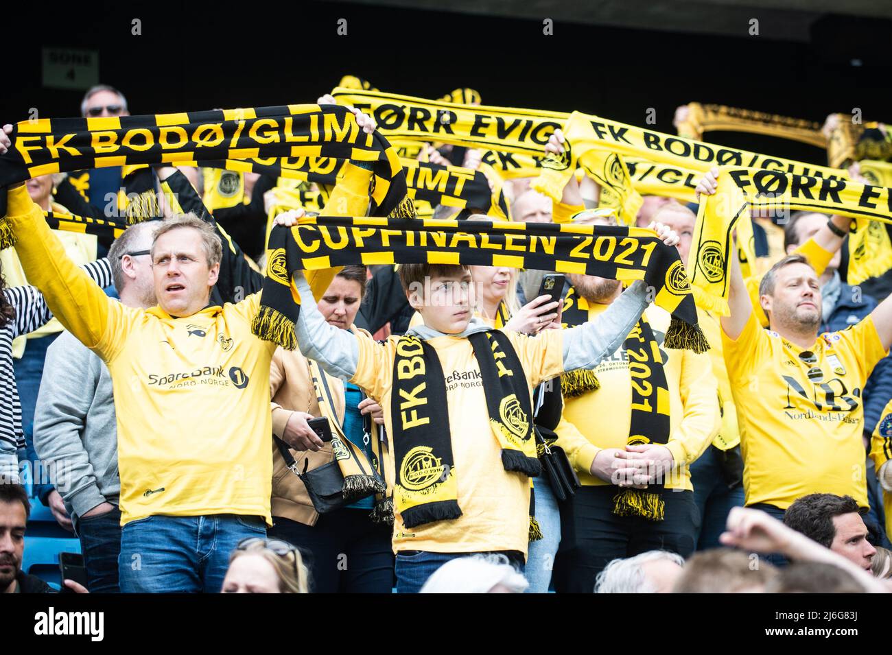 Oslo, Norway. 01st, May 2022. Football fans of Bodoe/Glimt seen on the stands during the Norwegian Cup final, the NM Menn final, between Bodoe/Glimt and Molde at Ullevaal Stadion in Oslo. (Photo credit: Gonzales Photo - Jan-Erik Eriksen). Credit: Gonzales Photo/Alamy Live News Stock Photo