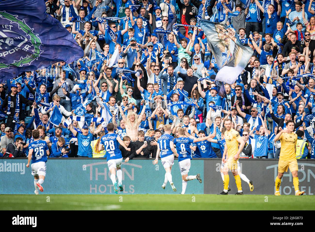 Oslo, Norway. 01st, May 2022. Football fans of Molde go crazy after Sivert  Heggheim Mannsverk (8) of Molde scores from the penalty spot during the  Norwegian Cup final, the NM Menn final,