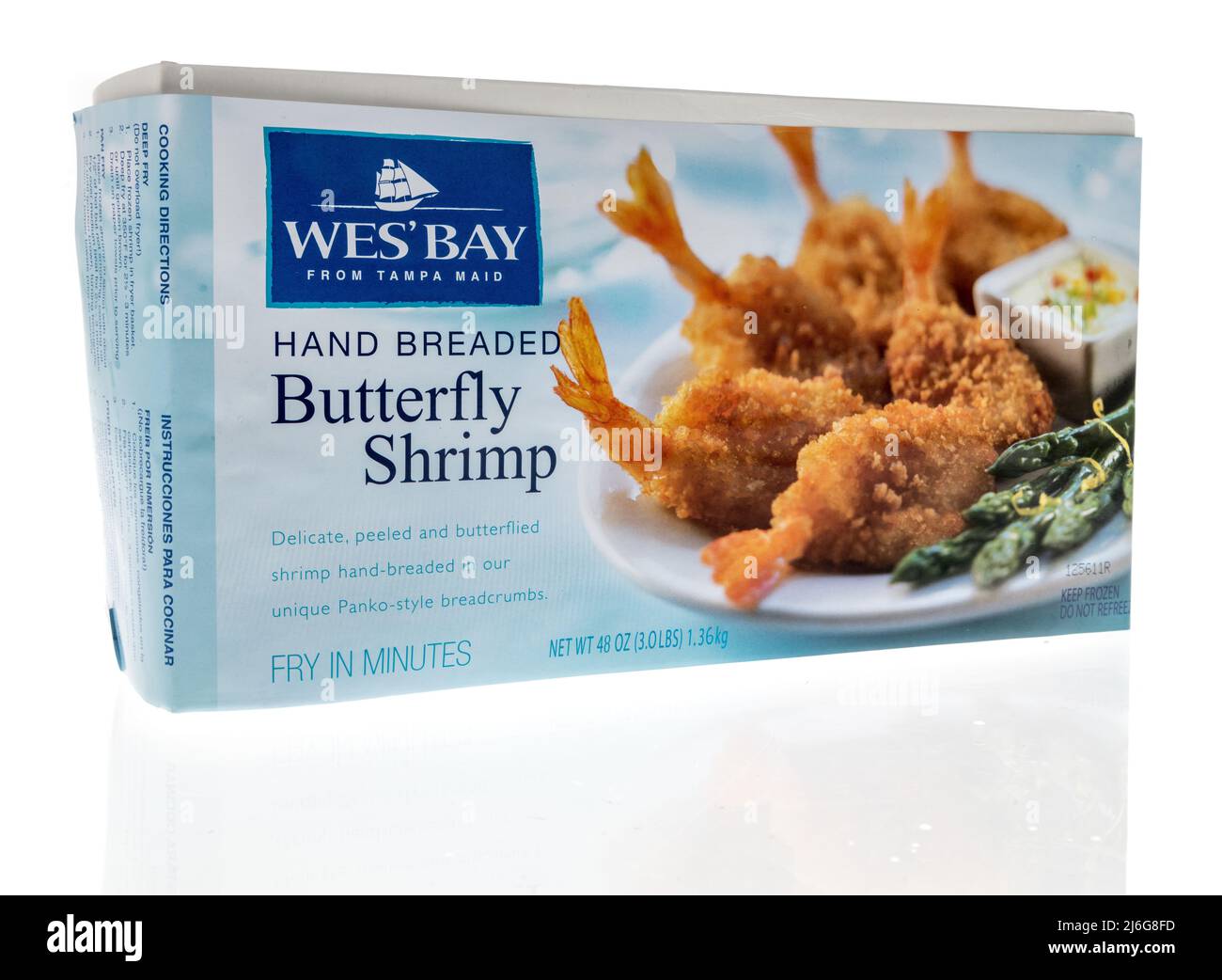 Winneconne, WI -23 April 2022: A package of wesbay tampa maid hand breaded butterfly shrimp on an isolated background Stock Photo