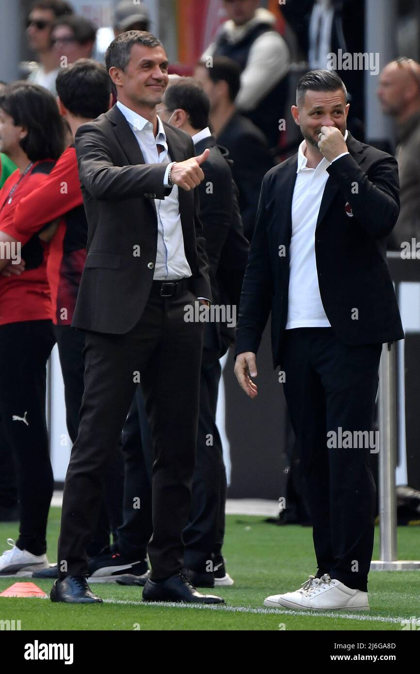 Paolo Maldini reacts during the Serie A 2021/2022 football match between AC Milan and ACF Fiorentina at San Siro stadium in Milano (Italy), May, 1st 2022. Photo Andrea Staccioli / Insidefoto Stock Photo