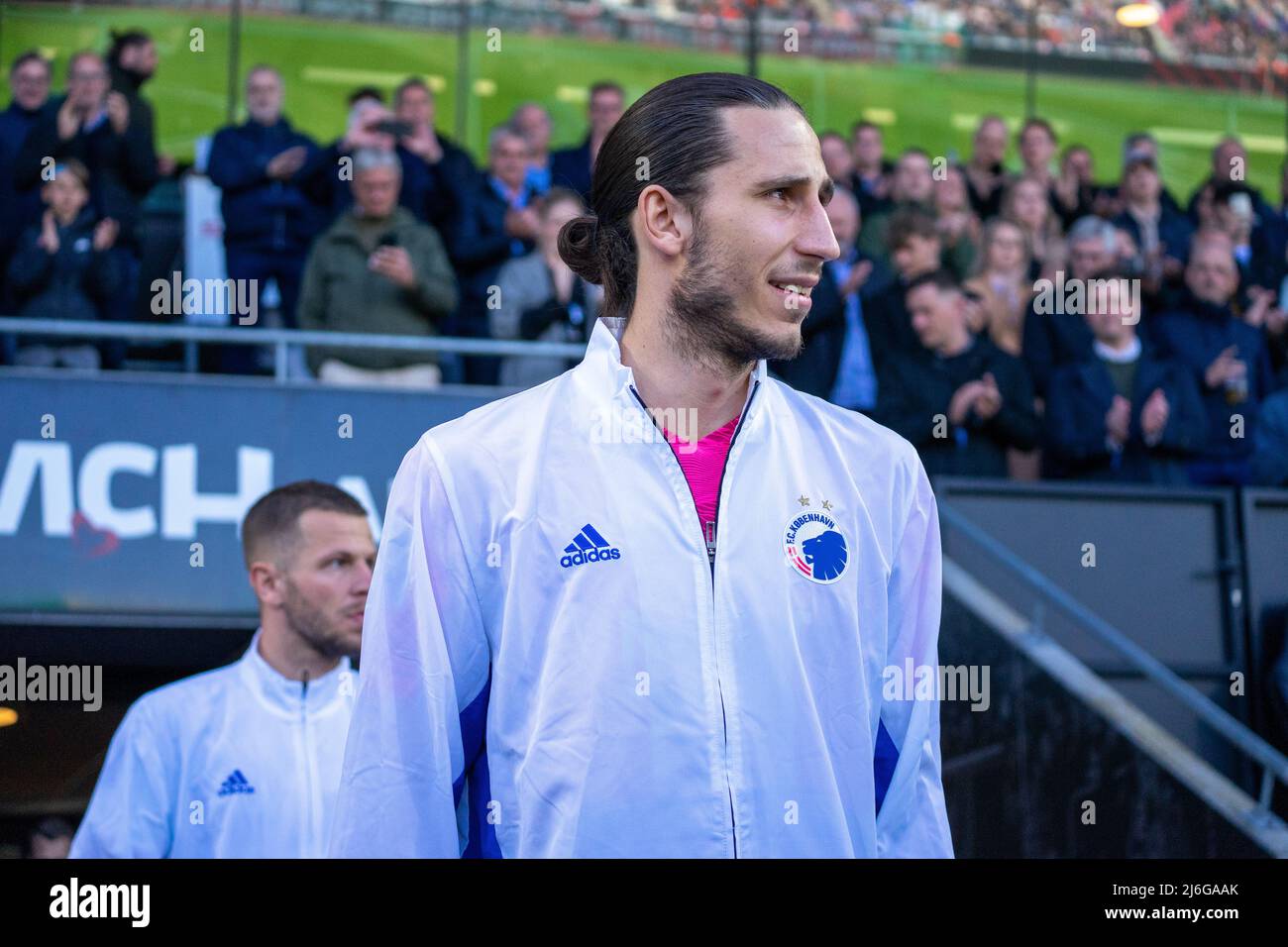 Herning, Denmark. 01st, May 2022. Goalkeeper Kamil Grabara (1) of FC Copenhagen enters the pitch for the 3F Superliga match between FC Midtjylland and FC Copenhagen at MCH Arena in Herning. (Photo credit: Gonzales Photo - Nicolai Berthelsen). Stock Photo