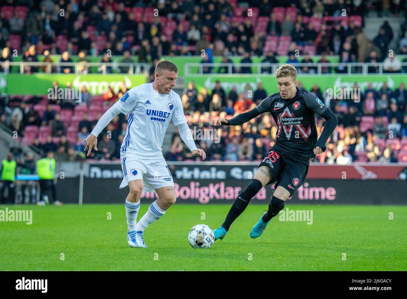 Herning, Denmark. 01st, May 2022. Pep Biel (16) of FC Copenhagen and Charles (35) of FC Midtjylland seen during the 3F Superliga match between FC Midtjylland and FC Copenhagen at MCH Arena in Herning. (Photo credit: Gonzales Photo - Nicolai Berthelsen). Stock Photo