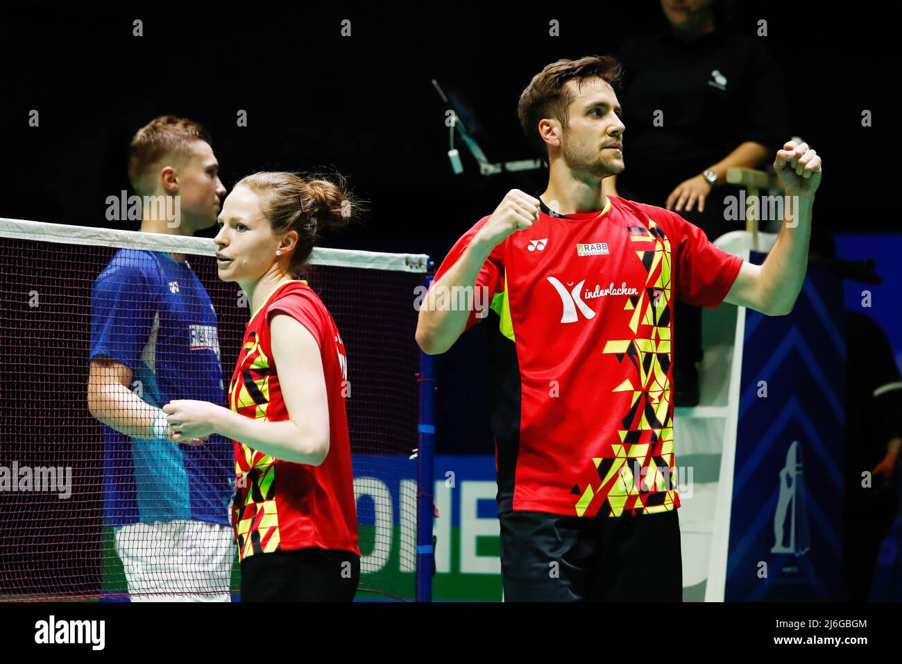 April 30, 2022, Madrid, Spain: Isabel Lohau and Mark Lamsfuss from Germany  celebrate the victory as gold medal winners, Final Mixed Doubles during the  European Badminton Championships 2022 on April 30, 2022