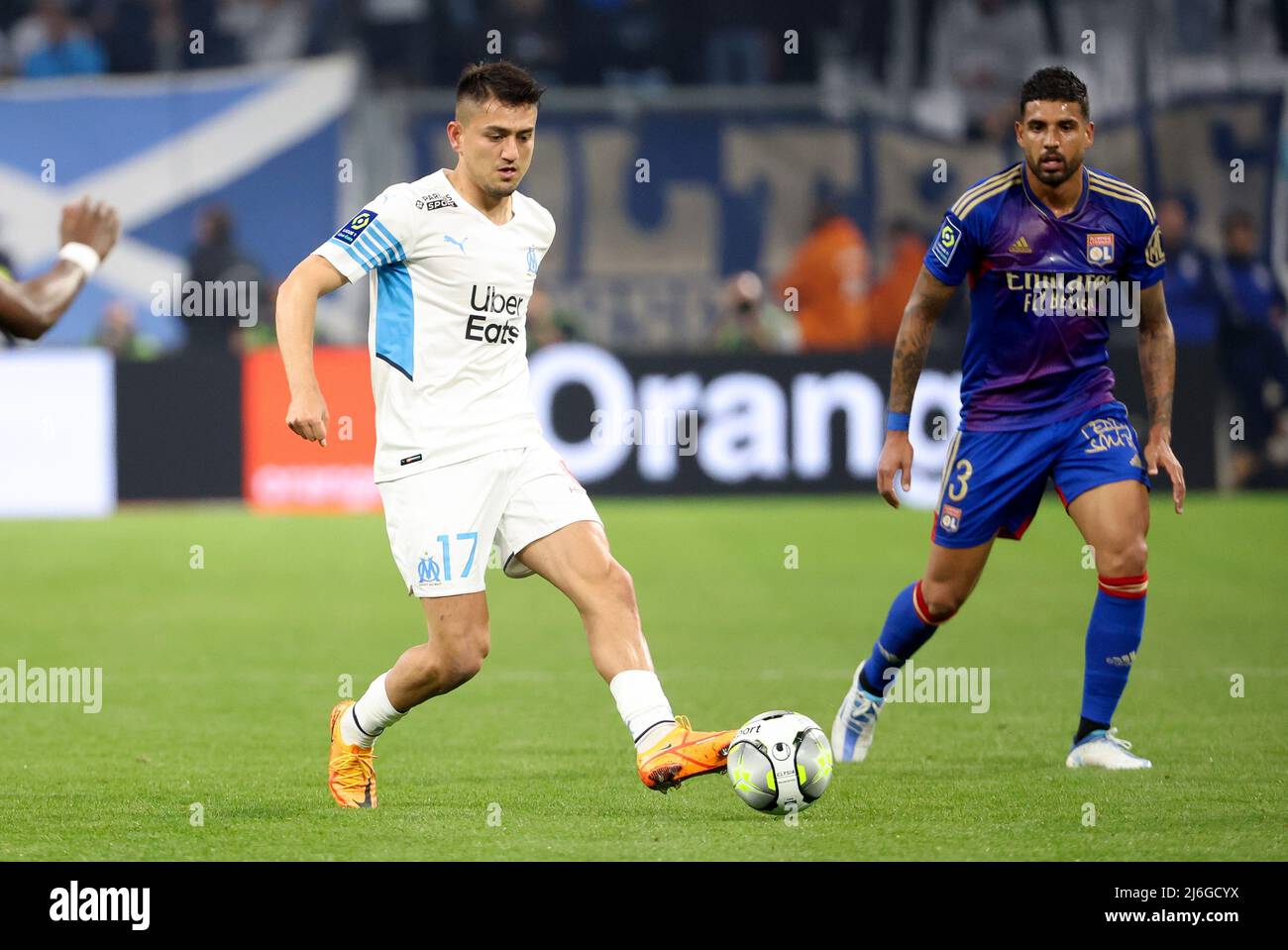 Cengiz Under of Marseille, Emerson Palmieri of Lyon during the French  championship Ligue 1 football match between Olympique de Marseille (OM) and  Olympique Lyonnais (OL, Lyon) on May 1, 2022 at Stade