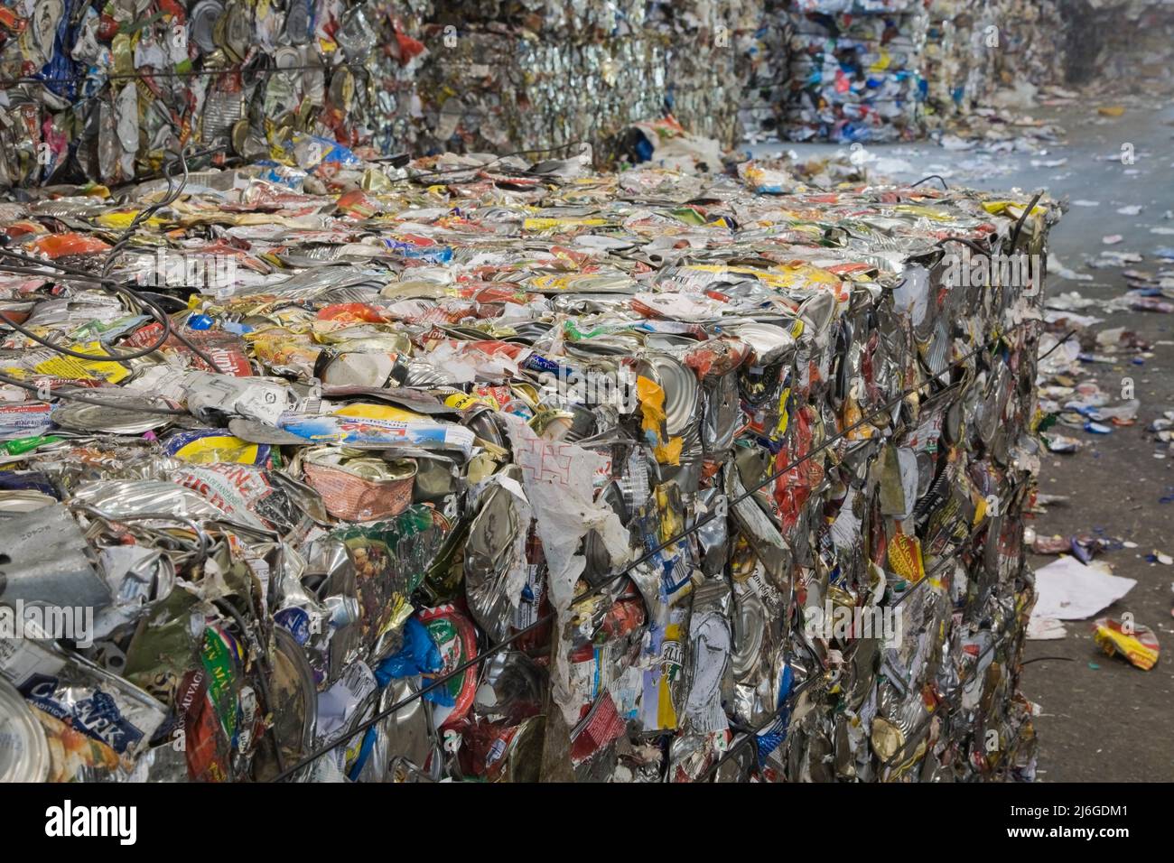 Bales of recyclable aluminum cans and containers at sorting centre