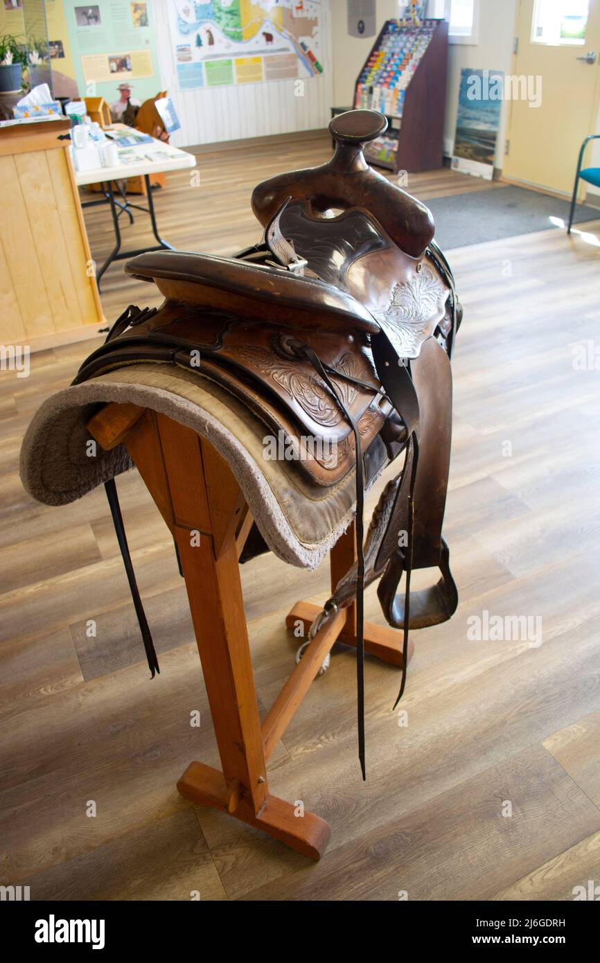 Vintage horse saddle on display at old ranch Stock Photo Alamy
