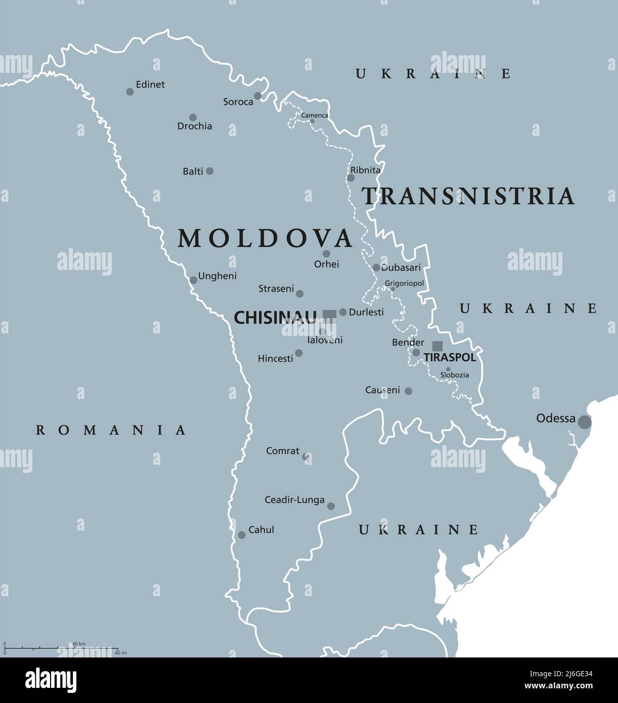 Moldova and Transnistria, gray political map. Republic of Moldova, with capital Chisinau, and Pridnestrovian Moldavian Republic, PMR. Stock Photo