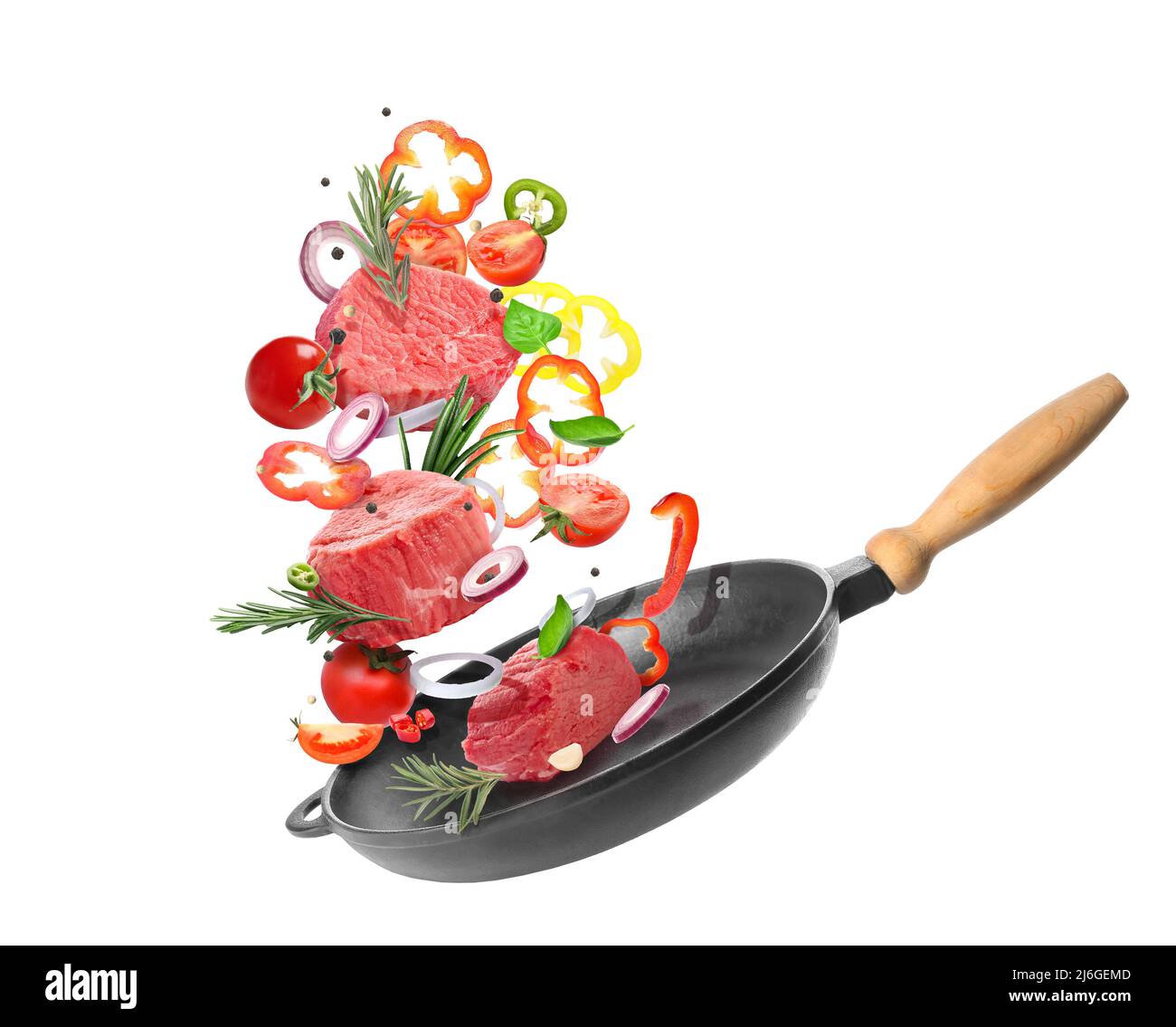 https://c8.alamy.com/comp/2J6GEMD/flying-frying-pan-with-raw-meat-vegetables-and-spices-on-white-background-2J6GEMD.jpg