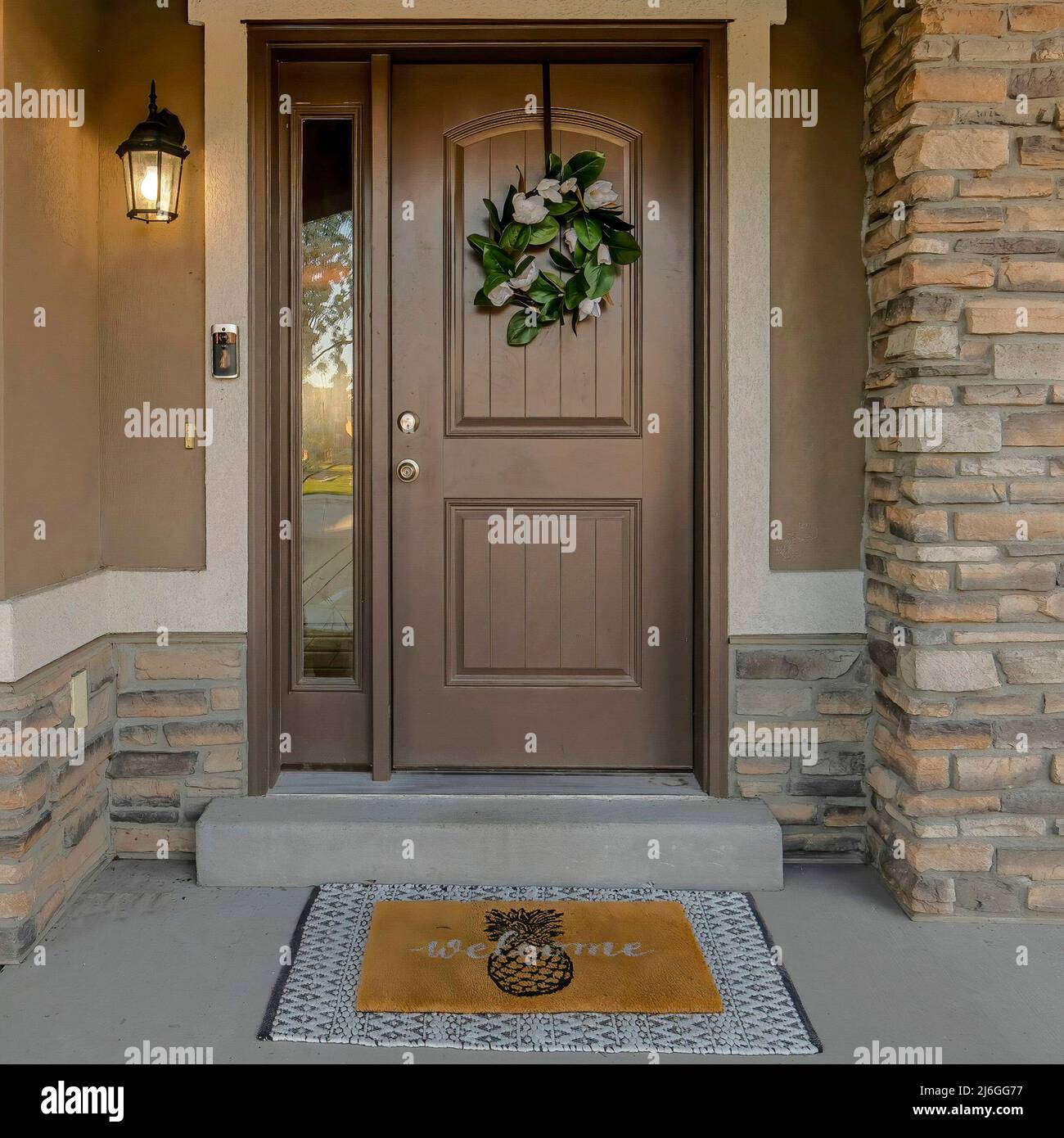 Square Exterior of a front door of a house with brown and white outline