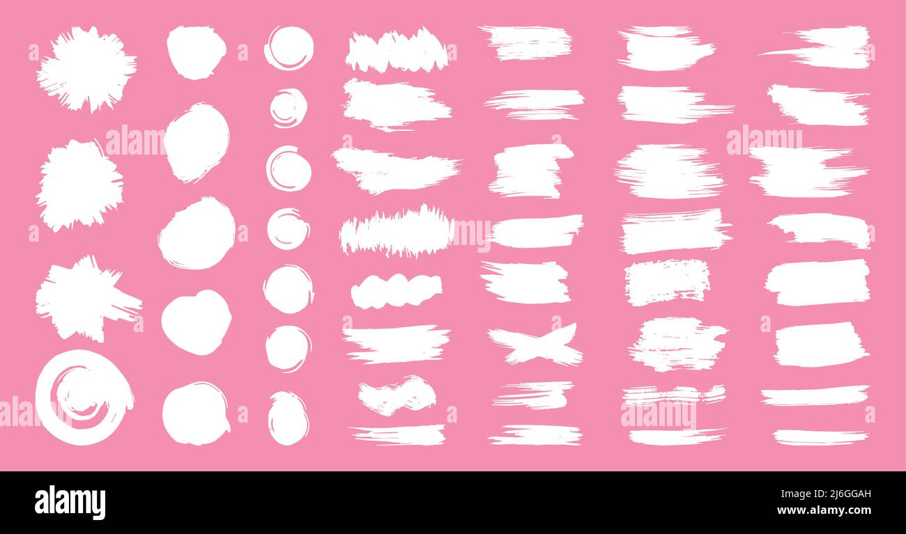 Brush strokes white text boxes set. Paintbrush, templates for cards. Grunge design elements and painted objects. Dirty distress texture banners and lines. Ink splatters for advertising. Vector Stock Vector