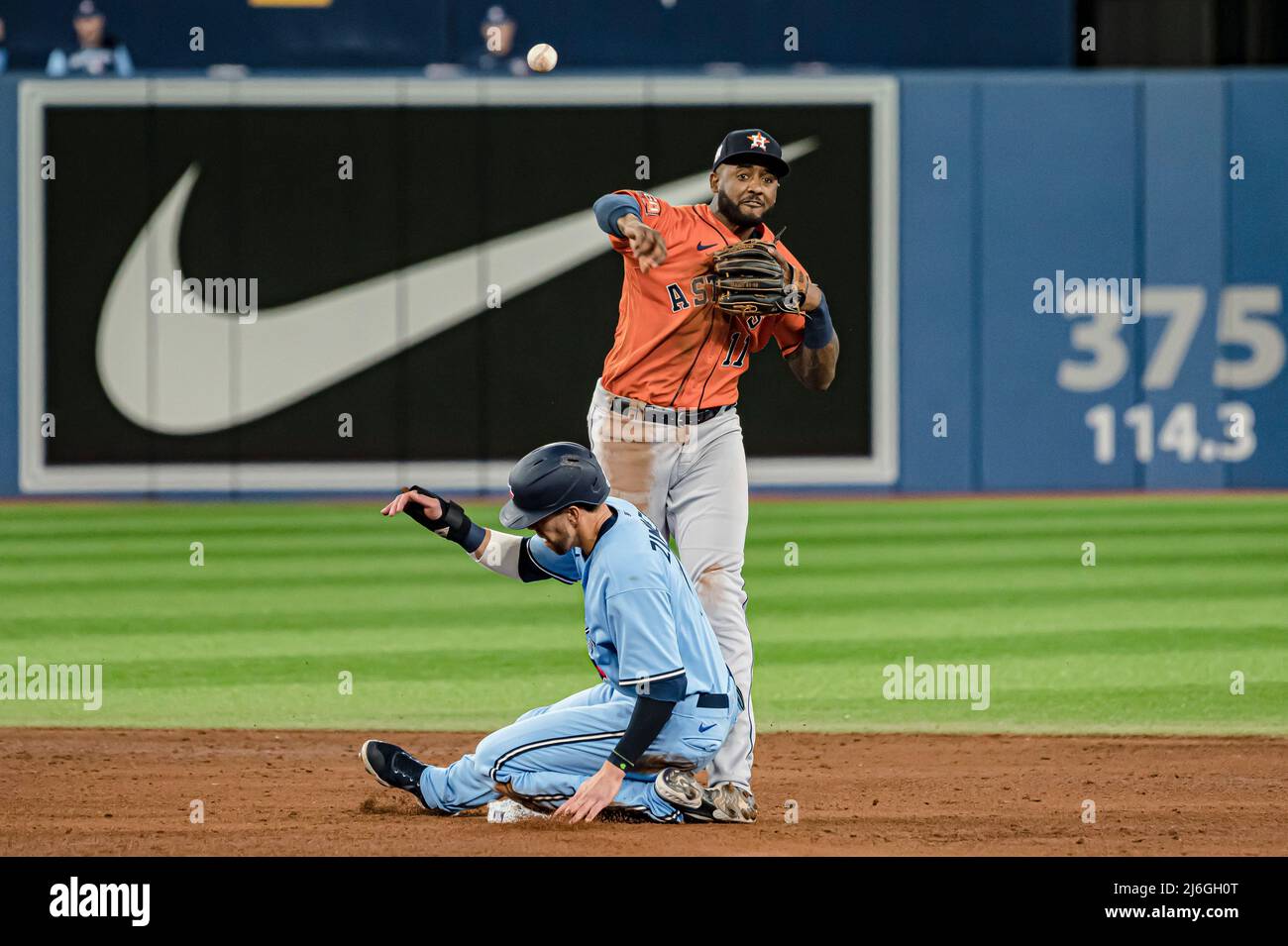 May 1, 2022, TORONTO, ON, CANADA: Toronto Blue Jays centre fielder Bradley  Zimmer (7) is forced out at second base by Houston Astros second baseman  Niko Goodrum (11) during the sixth inning