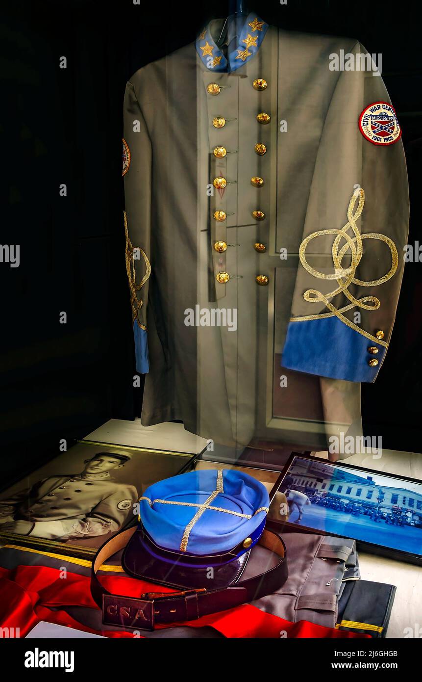 A Confederate parade uniform is displayed at the Jefferson Davis Presidential Library and Museum, April 24, 2022, in Biloxi, Mississippi. Stock Photo