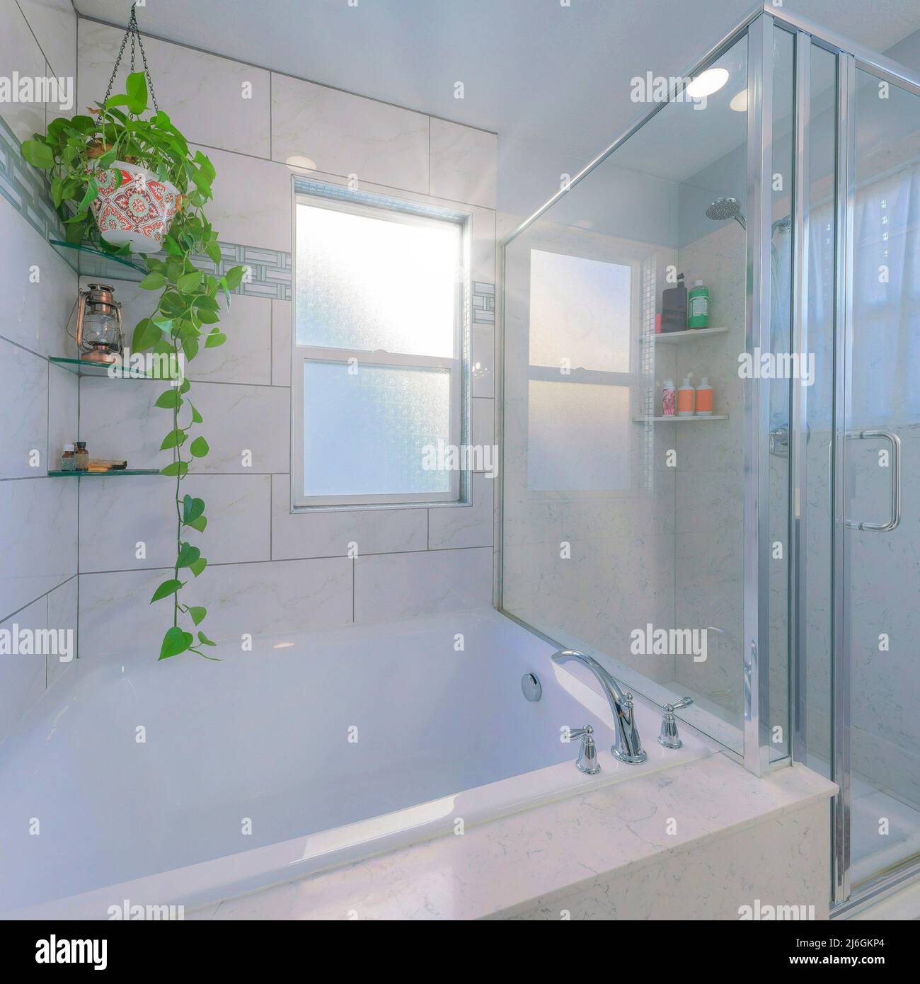 Square Sun flare Bathroom interior with marble tiles surround and glass ...