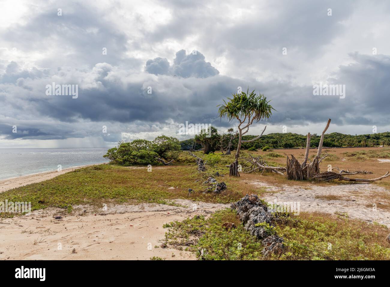 Savanna landscape with stormy clouds of Boa Beach at Rote Island, East Nusa Tenggara province, Indonesia. Stock Photo