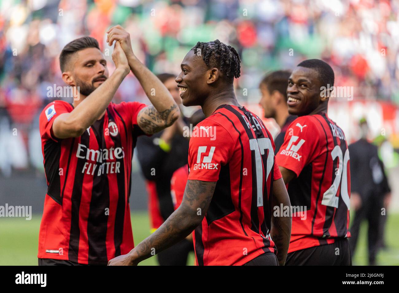 Rafael Leao of AC Milan at celebrates with teammates at the end of the ...