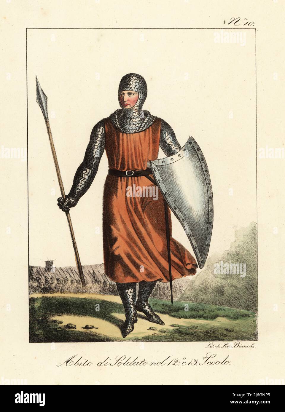 Costume of a French soldier, 12th and 13th century. In chainmail hauberk with hood, tunic, belt, armed with lance, sword and shield. Habit des soldats pendant les 12e et 13e Siecle. Handcoloured lithograph by Lorenzo Bianchi after Hippolyte Lecomte from Costumi civili e militari della monarchia francese dal 1200 al 1820, Naples, 1825. Italian edition of Lecomte’s Civilian and military costumes of the French monarchy from 1200 to 1820. Stock Photo