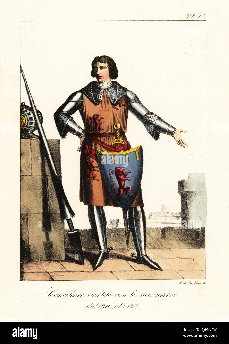 French knight in armour, from 1310 to 1328. In plate armour over chainmail  hauberk, armorial tunic with coat of arms, with lance, helm, sword and  shield with crest of rampant lion. Chevalier