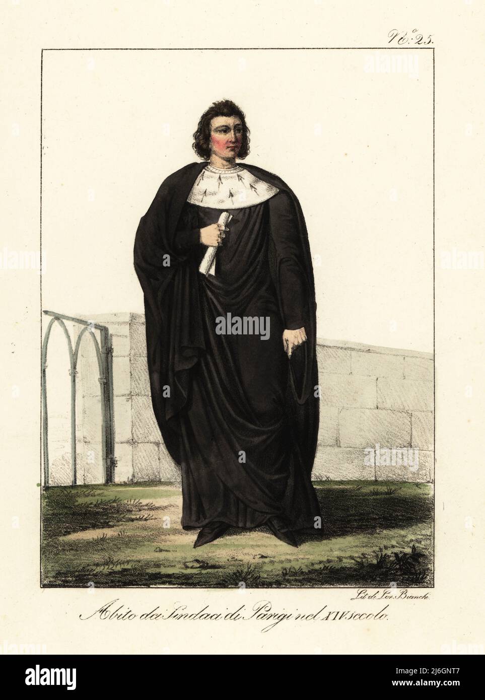 Costume of a mayor of Paris, 14th century. Black mantle over a black robe, broad ermine collar. Costume des Maires de Paris, pendant le 14th siècle. Handcoloured lithograph by Lorenzo Bianchi after Hippolyte Lecomte from Costumi civili e militari della monarchia francese dal 1200 al 1820, Naples, 1825. Italian edition of Lecomte’s Civilian and military costumes of the French monarchy from 1200 to 1820. Stock Photo