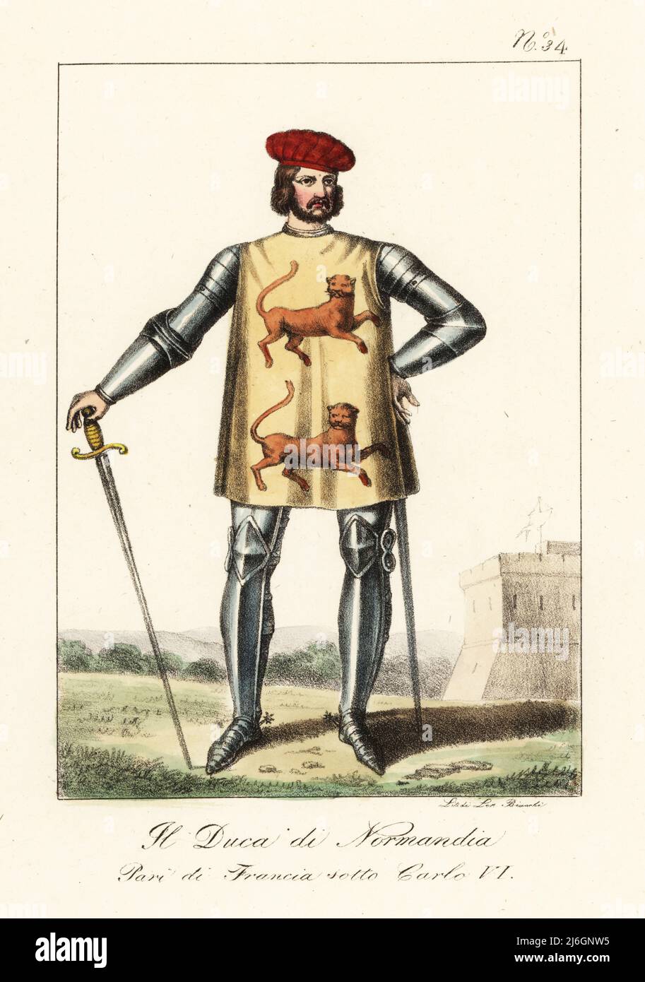 Costume of the Duke of Normandy, French peer under King Charles VI, 1380-1422. In red beret, suit of plate armour, armorial tunic with two gold leopards, armed with a sword. Le Duc de Normandie. Pair de France sous Charles VI. Handcoloured lithograph by Lorenzo Bianchi after Hippolyte Lecomte from Costumi civili e militari della monarchia francese dal 1200 al 1820, Naples, 1825. Italian edition of Lecomte’s Civilian and military costumes of the French monarchy from 1200 to 1820. Stock Photo