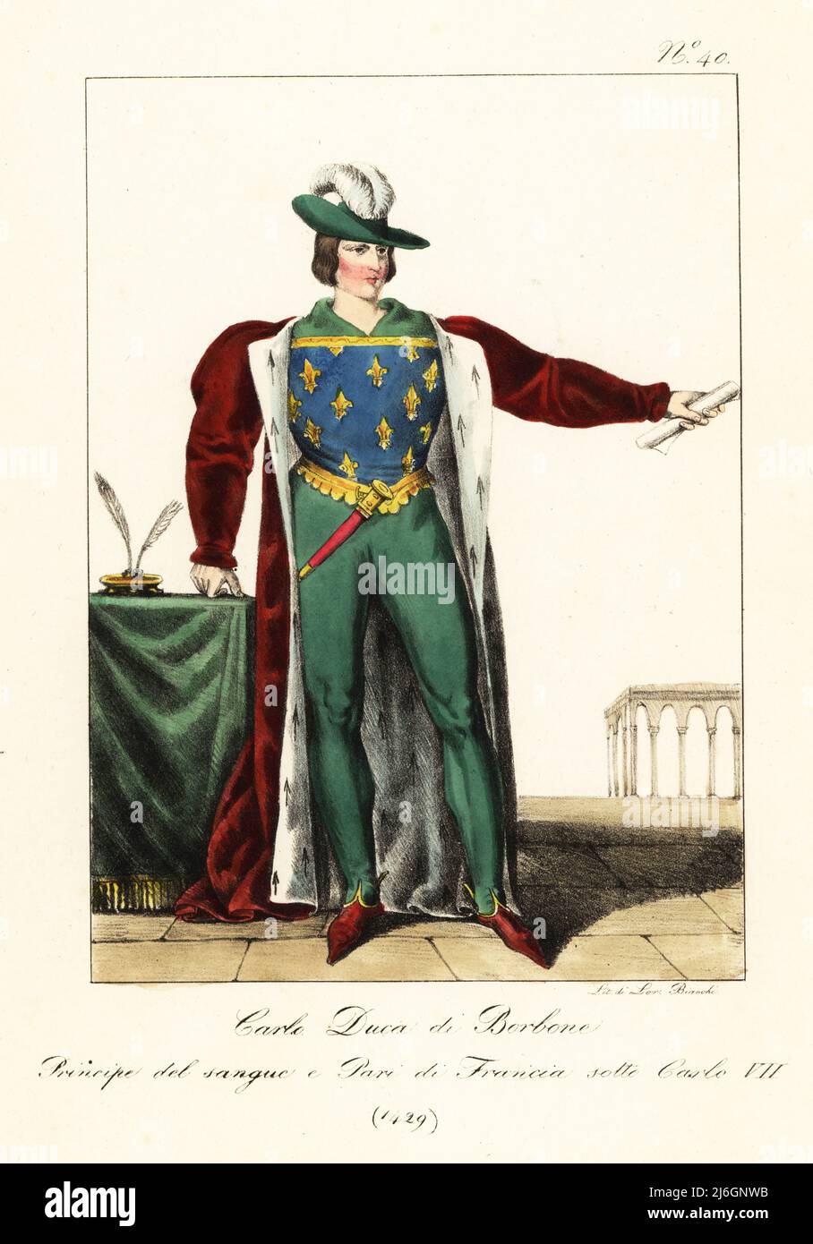 Charles I, Duke of Bourbon, 1429. Duke of royal blood, peer under King Charles VII of France. In plumed cap, velvet coat with ermine lining, armorial doublet with fleurs-de-lys, green pantalons, pointed shoes, dagger on belt. Charles Duc de Bourbon. Prince du sang et Pair de France sous Charles VII. Handcoloured lithograph by Lorenzo Bianchi after Hippolyte Lecomte from Costumi civili e militari della monarchia francese dal 1200 al 1820, Naples, 1825. Italian edition of Lecomte’s Civilian and military costumes of the French monarchy from 1200 to 1820. Stock Photo