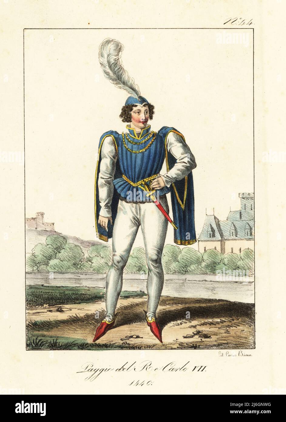 Costume of a Page to King Charles VII of France, 1440. Plumed cap, pleated  doublet with split sleeves, gold belt with dagger, pantalons, pointed  shoes. Page du Roi Charles VII. Handcoloured lithograph