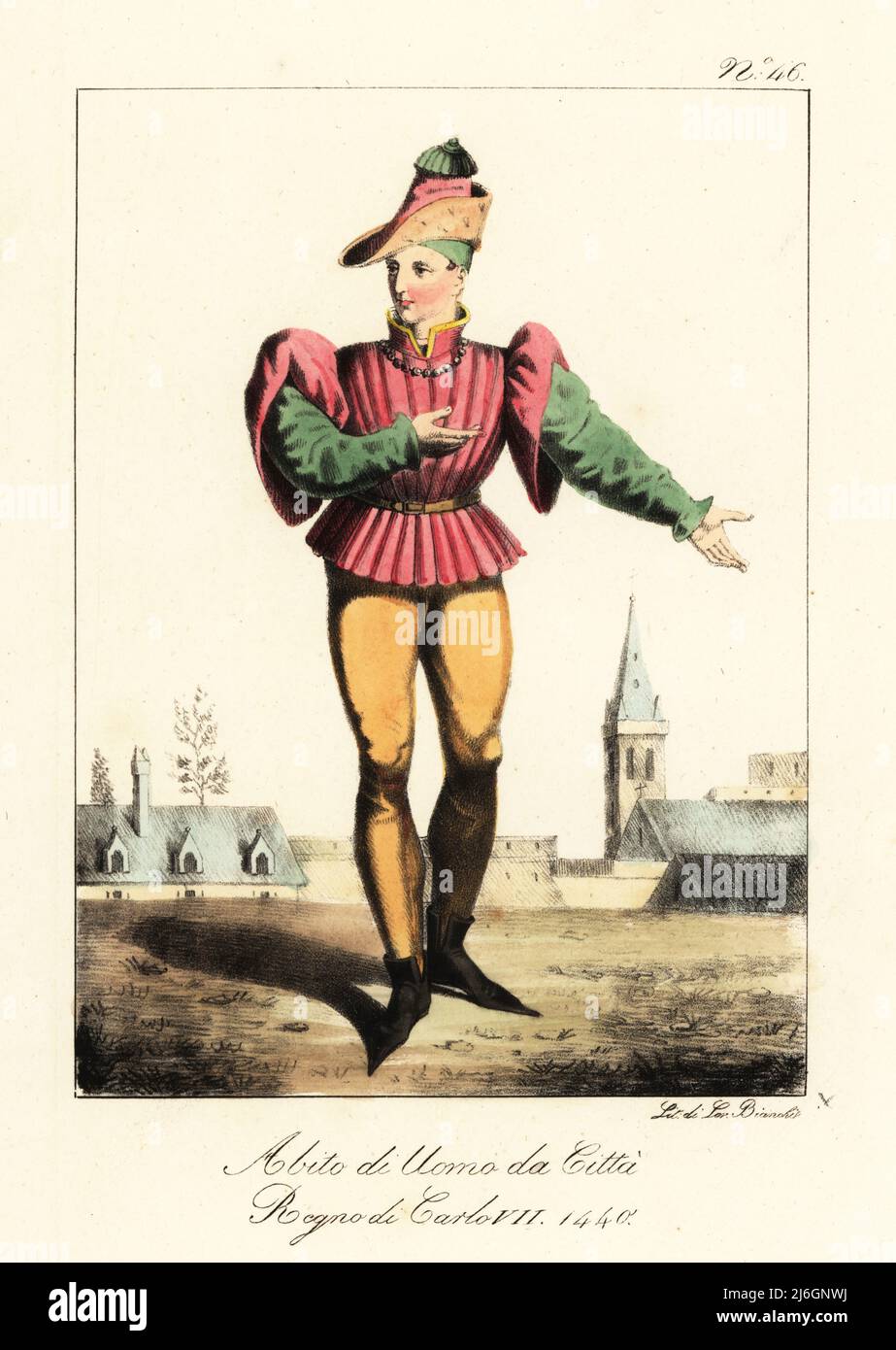 Costume of a French bourgeois man, reign of King Charles VII, 1440. In peaked cap, pleated doublet with puff sleeves, hose, and bootlets. Costume des hommes a la ville. Regne de Charles VII. Handcoloured lithograph by Lorenzo Bianchi after Hippolyte Lecomte from Costumi civili e militari della monarchia francese dal 1200 al 1820, Naples, 1825. Italian edition of Lecomte’s Civilian and military costumes of the French monarchy from 1200 to 1820. Stock Photo