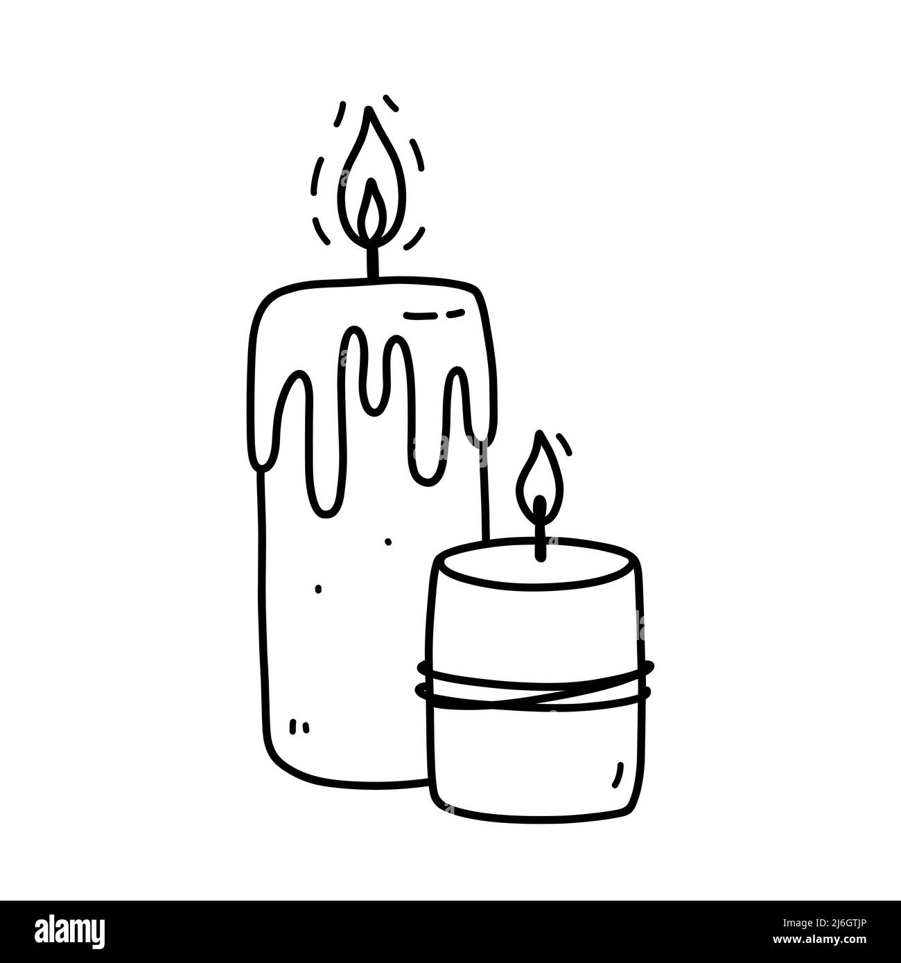 Two burning candles with dripping wax isolated on white background. Vector hand-drawn illustration in doodle style. Perfect for cards, logo, holiday designs, decorations. Stock Vector
