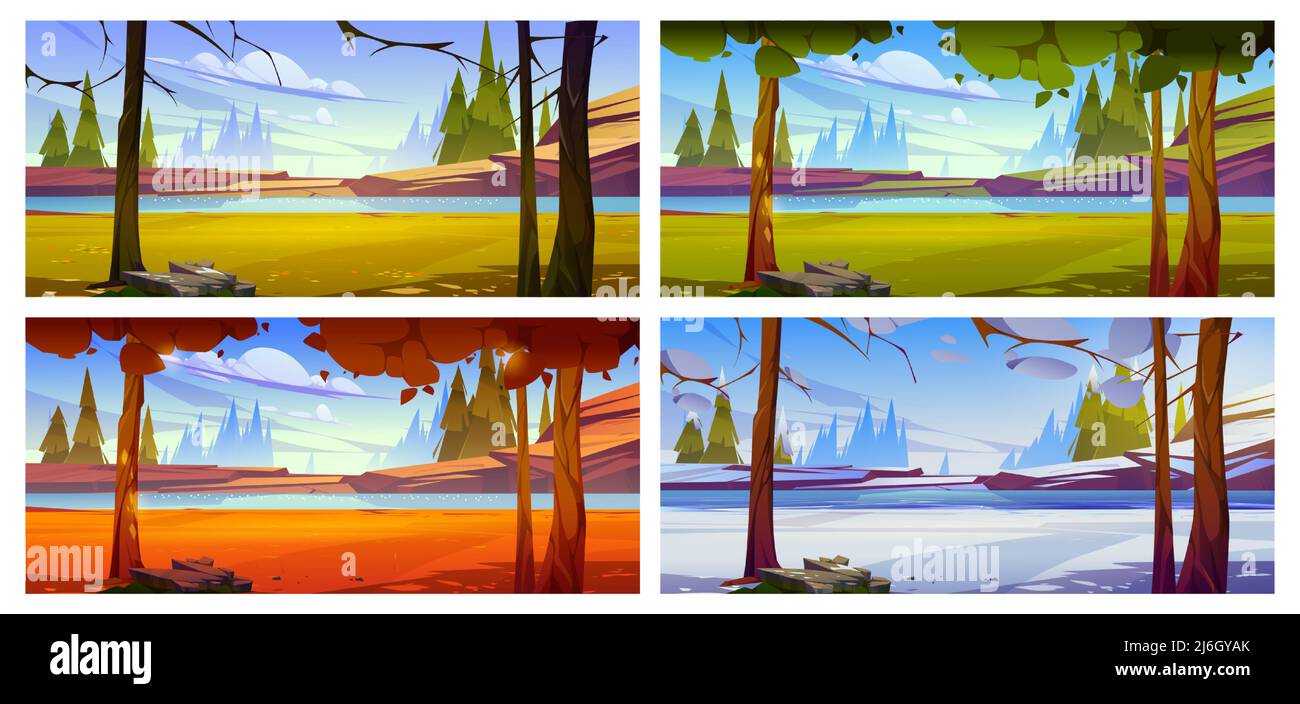 Cartoon nature landscape trees, rocks and river or lake at spring, summer, autumn and winter time. Scenery background at year seasons with pond and spruces natural scenes, Vector illustration, set Stock Vector