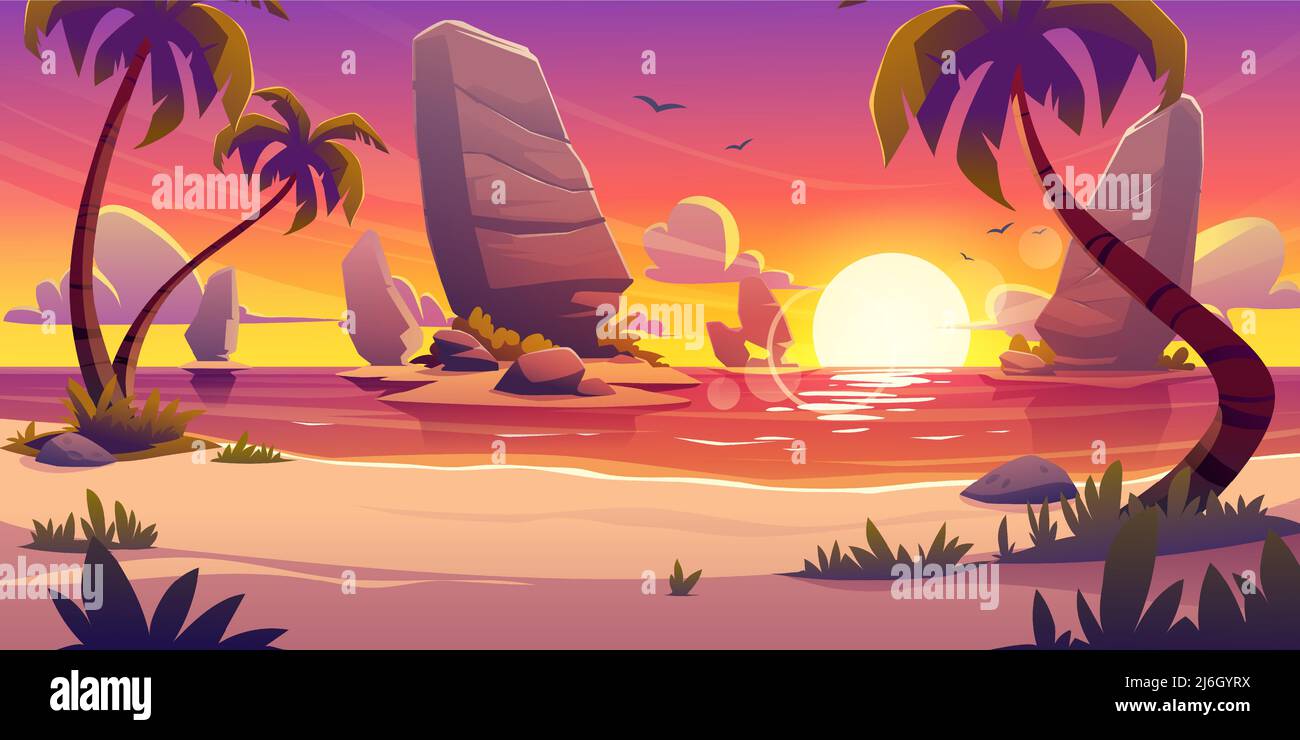 Sunset on tropical beach, scenery evening landscape. Cartoon background  with palm trees, plants rocks and sand