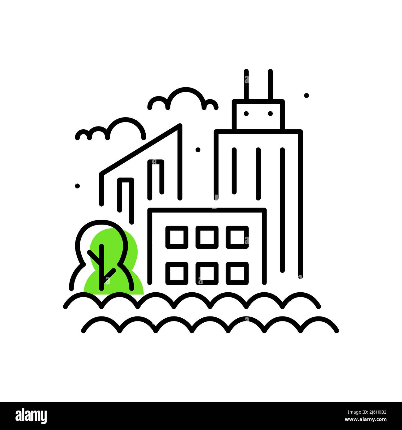 City inundation due to climate change and sea level rise. Pixel perfect, editable stroke line art icon Stock Vector