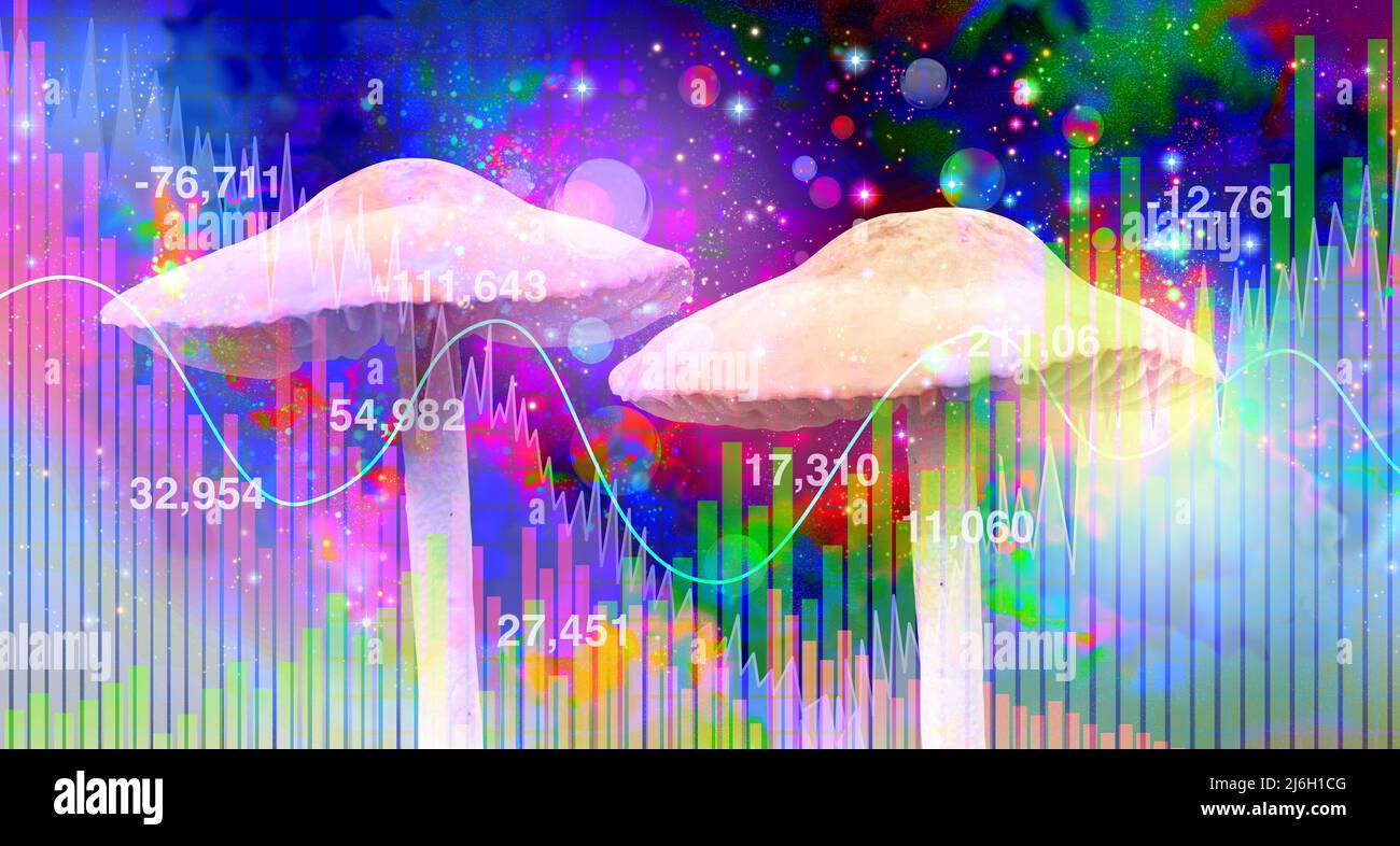 Psychedelics business and psychedelic drug investing or hallucinogenic drugs industry and hallucinogens representing the business of mind altering. Stock Photo