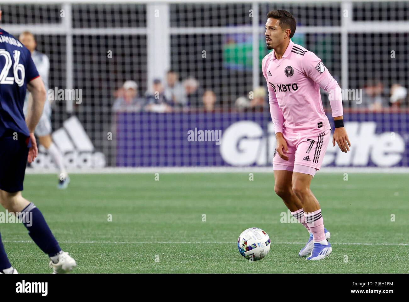 FOXBOROUGH, MA - APRIL 30: Inter Miami CF central midfielder Jean Mota (7)  during a match between the New England Revolution and Inter Miami FC on  April 30, 2022, at Gillette Stadium