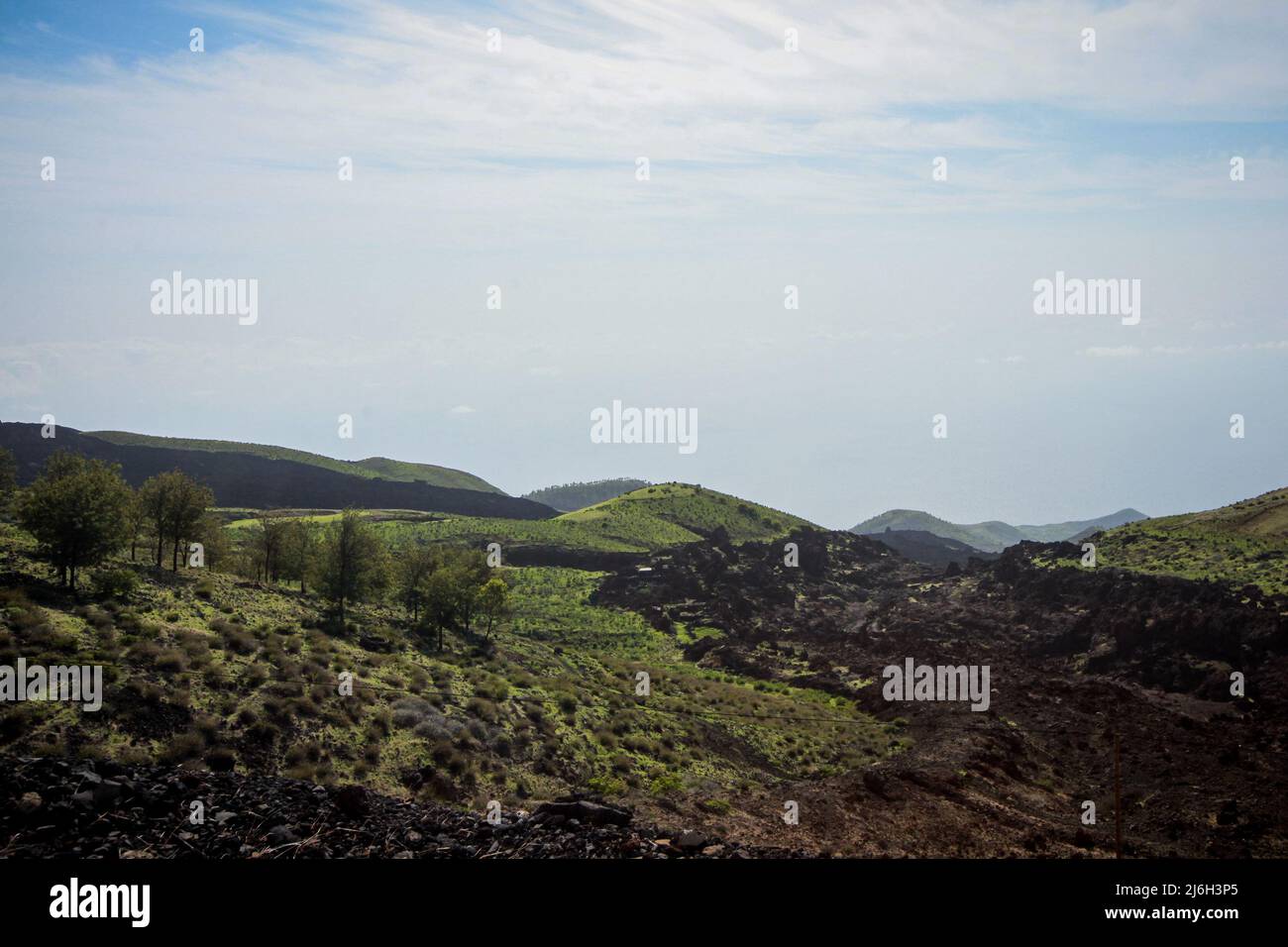 Volcanic ground on curvy road to Pico do Fogo, volcano on the island of ...