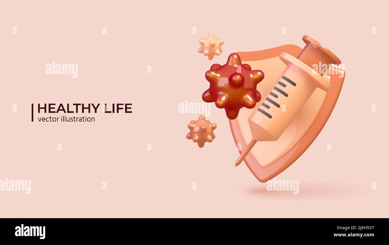 Realistic 3d shield with syringe and viruses. Vaccination or Immunization concept. Medial concept in cartoon minimal style. Vector illustration Stock Vector