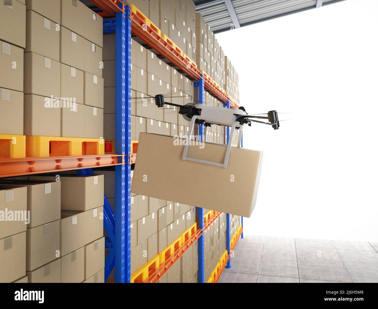 Automation warehouse concept with 3d rendering delivery drone holding ...
